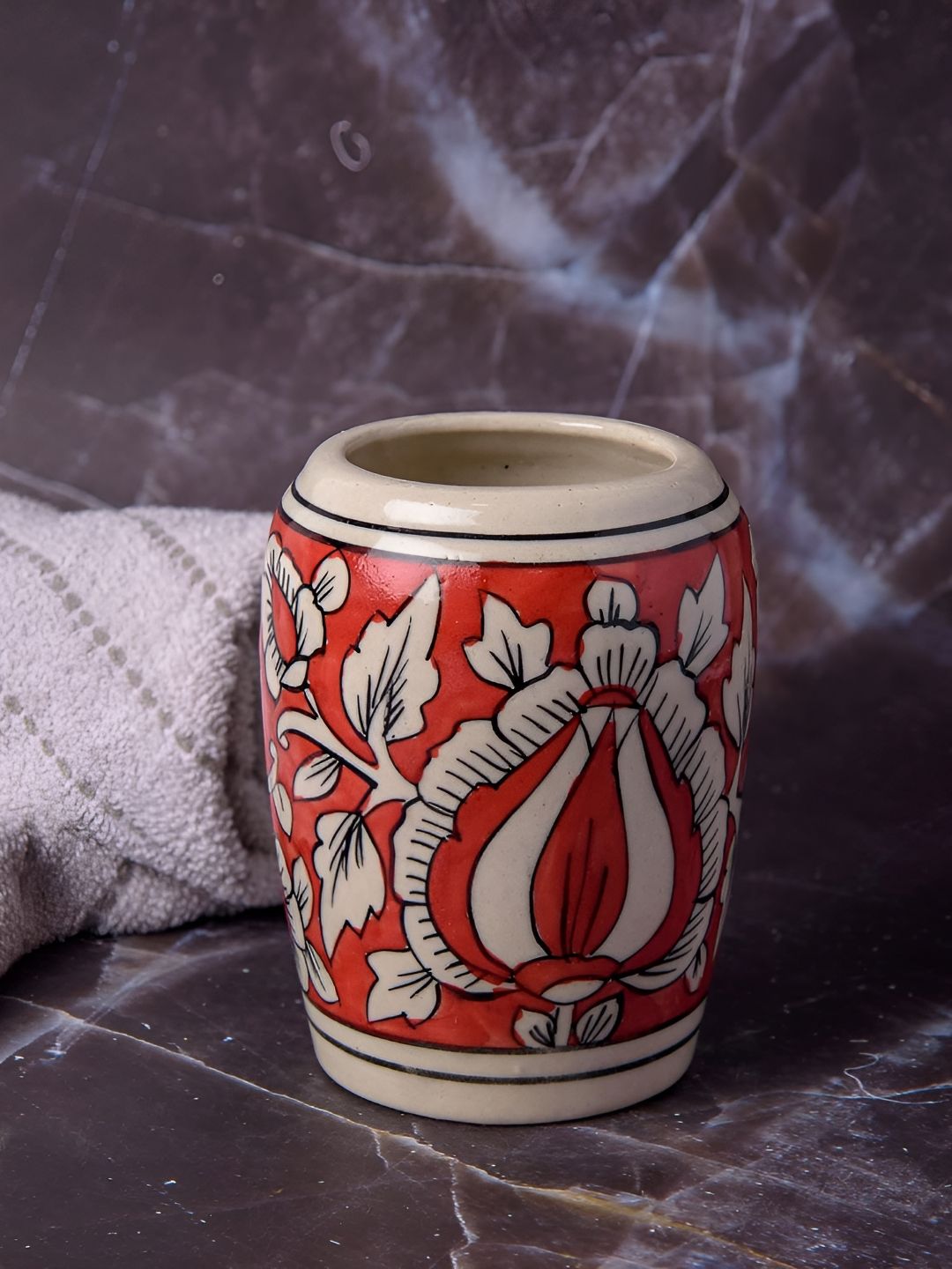 INDIA MEETS INDIA Red & Beige Printed Ceramic Toothbrush Holder