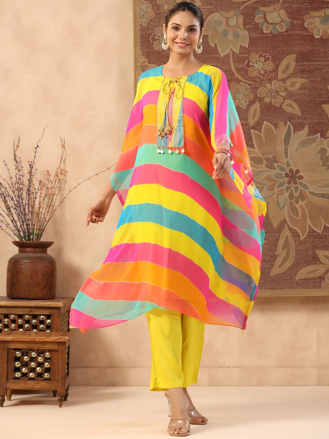 GILLORI Women Colourblocked Layered Beads and Stones Kurta with Trousers Price in India