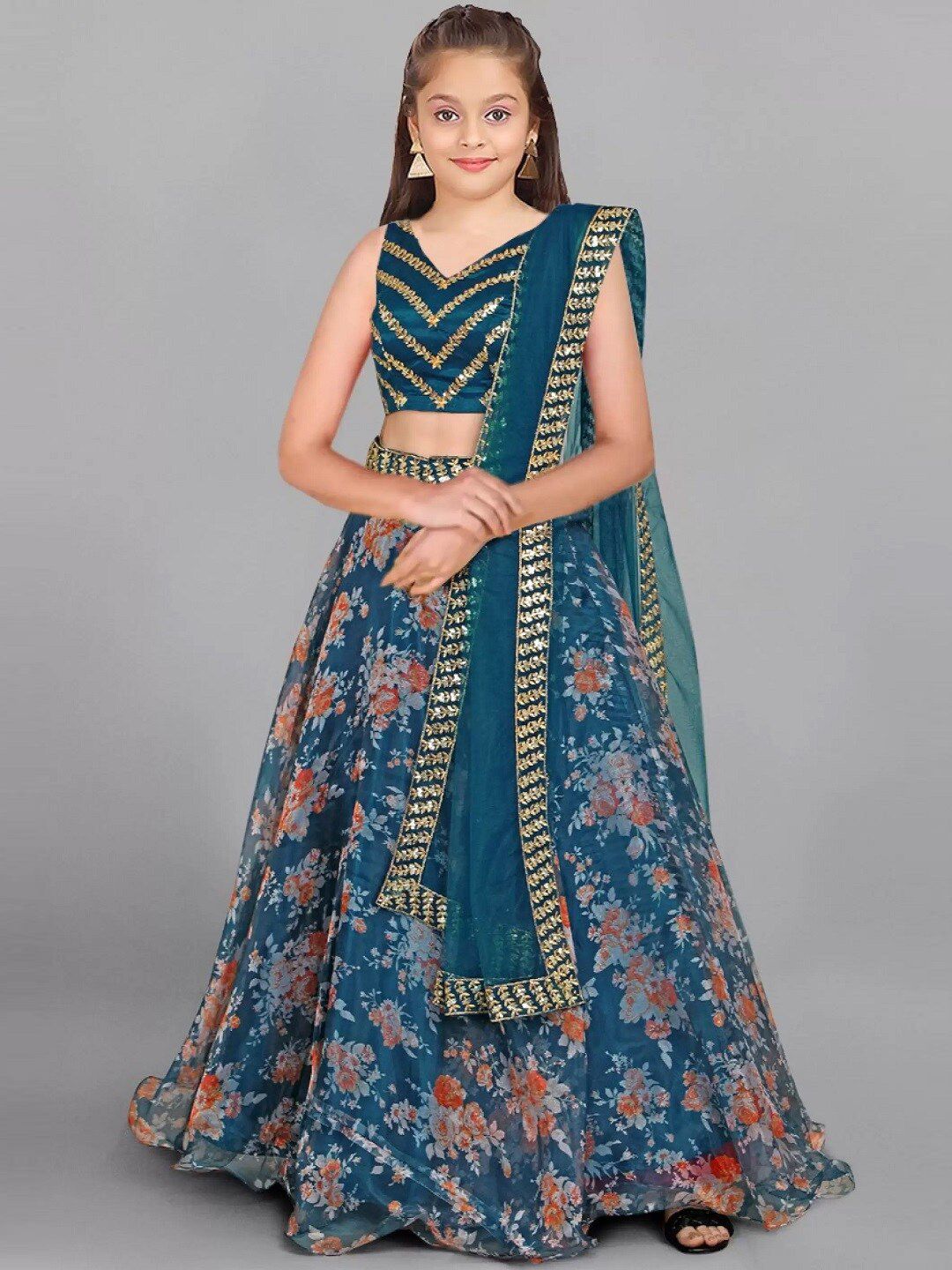 BAESD Girls Floral Printed Silk Semi-Stitched Lehenga & Unstitched Blouse With Dupatta Price in India