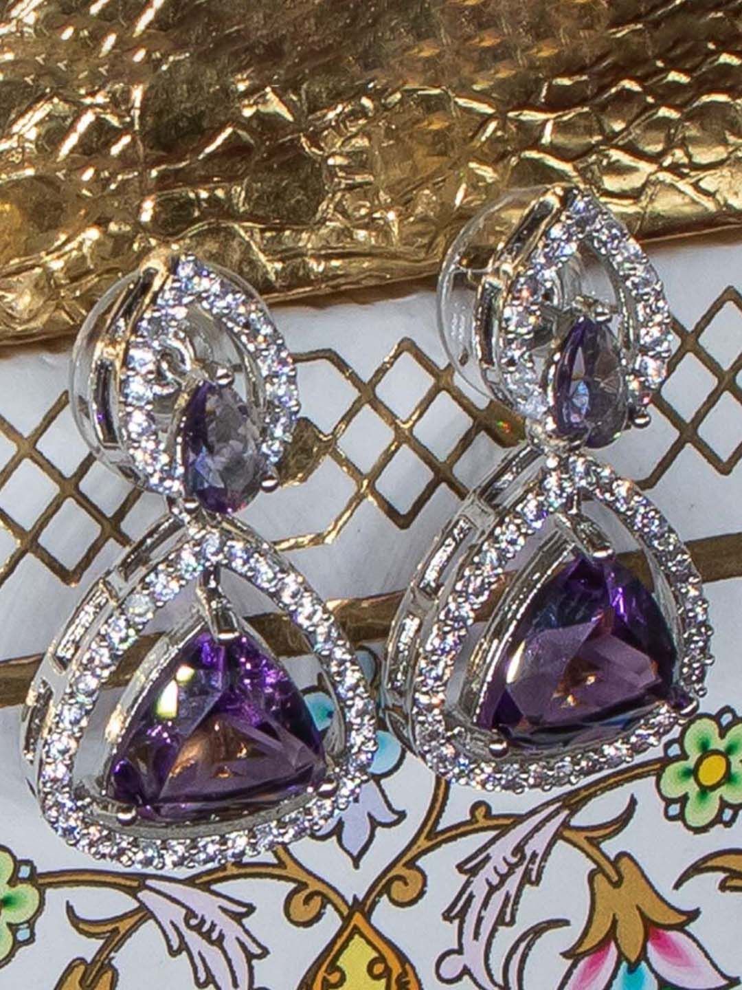 Manikya Rhodium Plated American Diamond-Studded Teardrop Shaped Drop Earrings