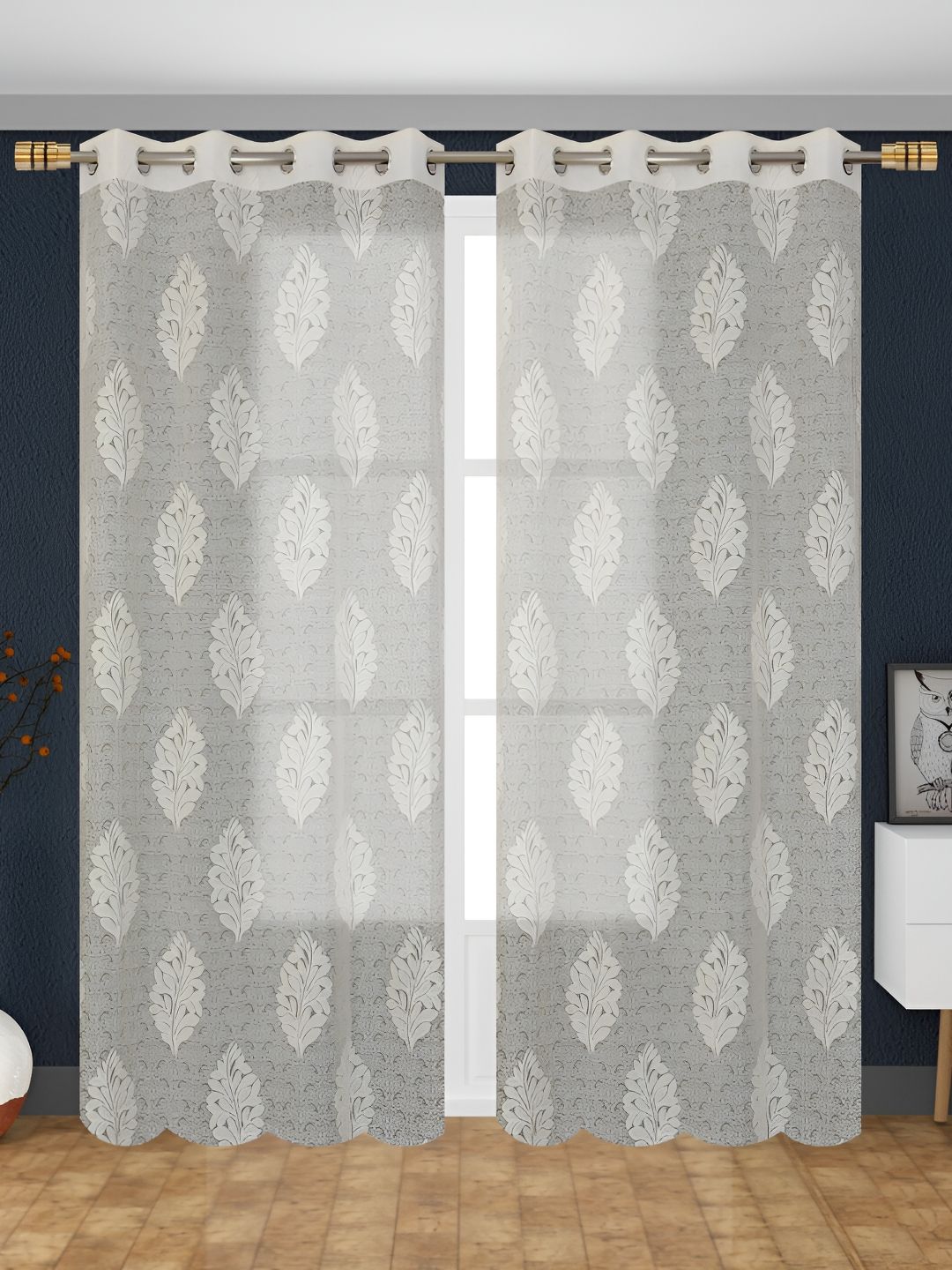 Aura Cream 2 Pieces Floral Sheer Long Door Curtains