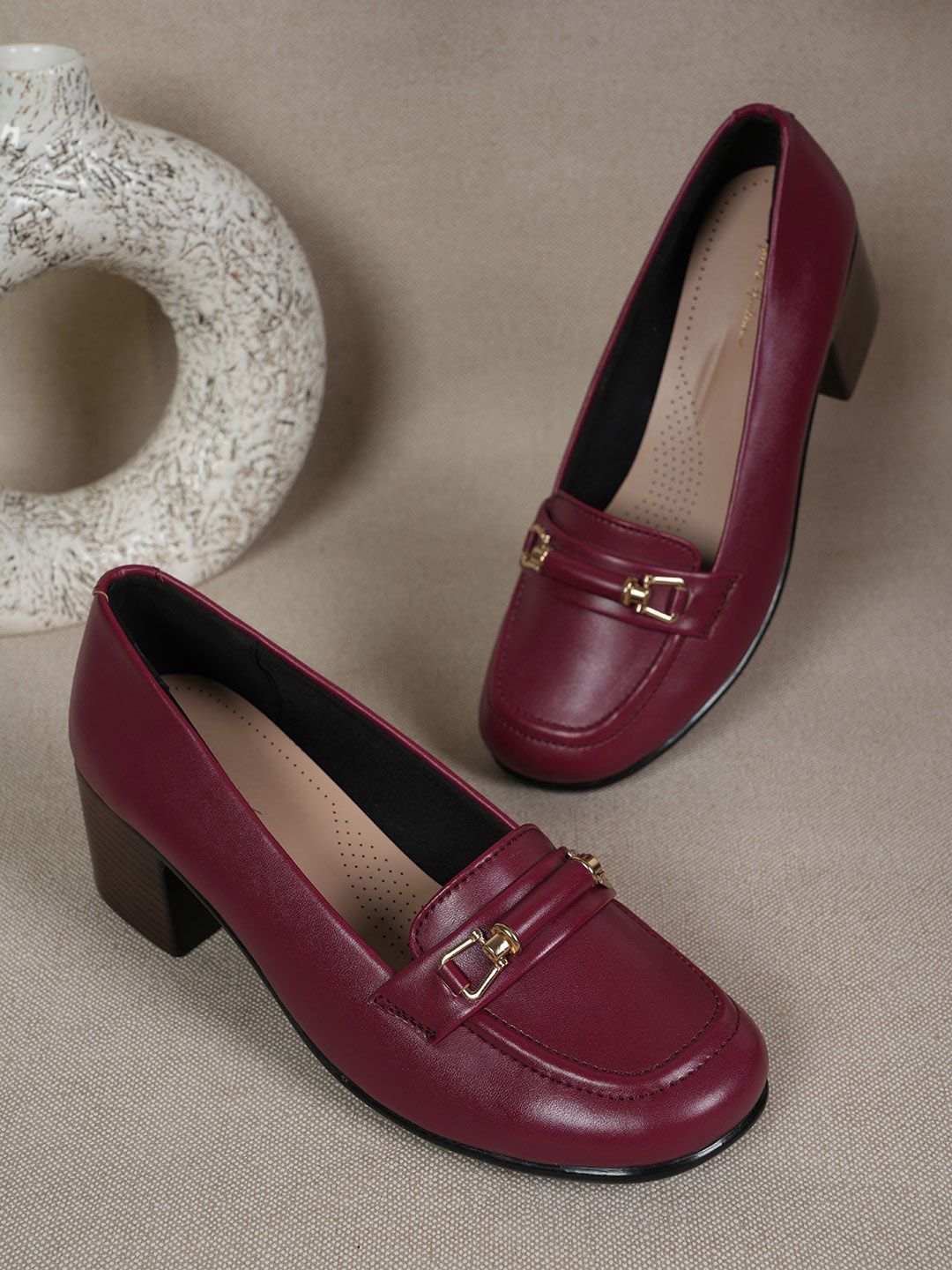 Mast & Harbour Maroon Embellished Block Heel Pumps