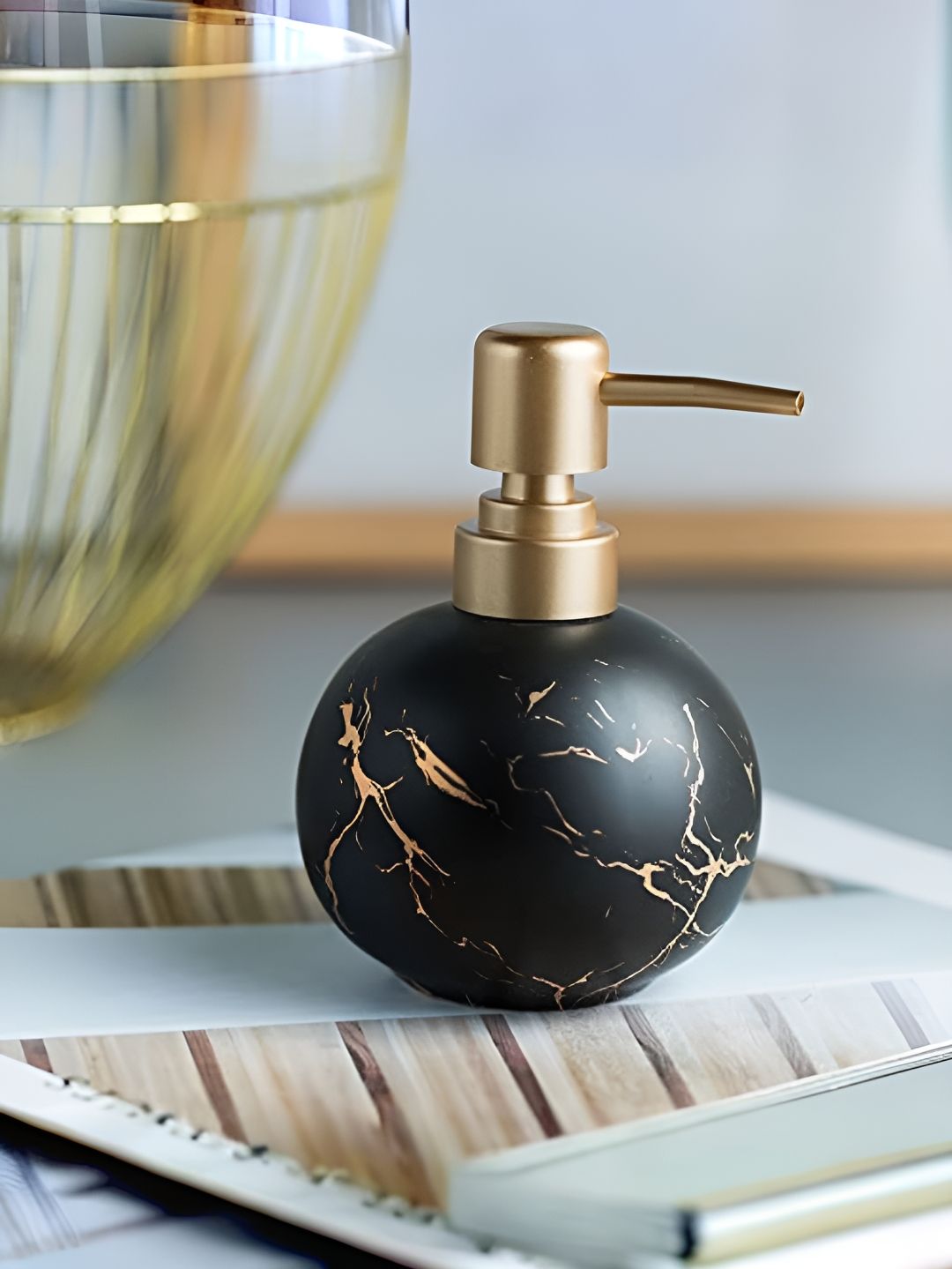 USHA SHRIRAM Black Printed Ceramic Soap Dispenser 300ml