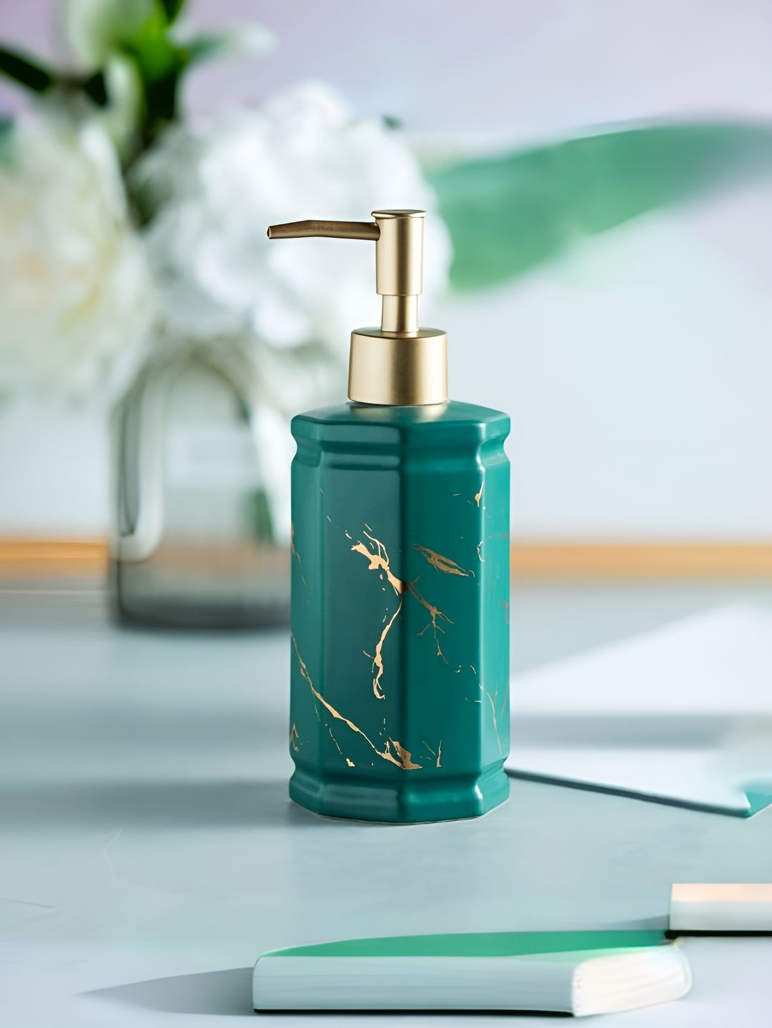 USHA SHRIRAM Green Ceramic Cylindrical Soap Dispenser 350ml