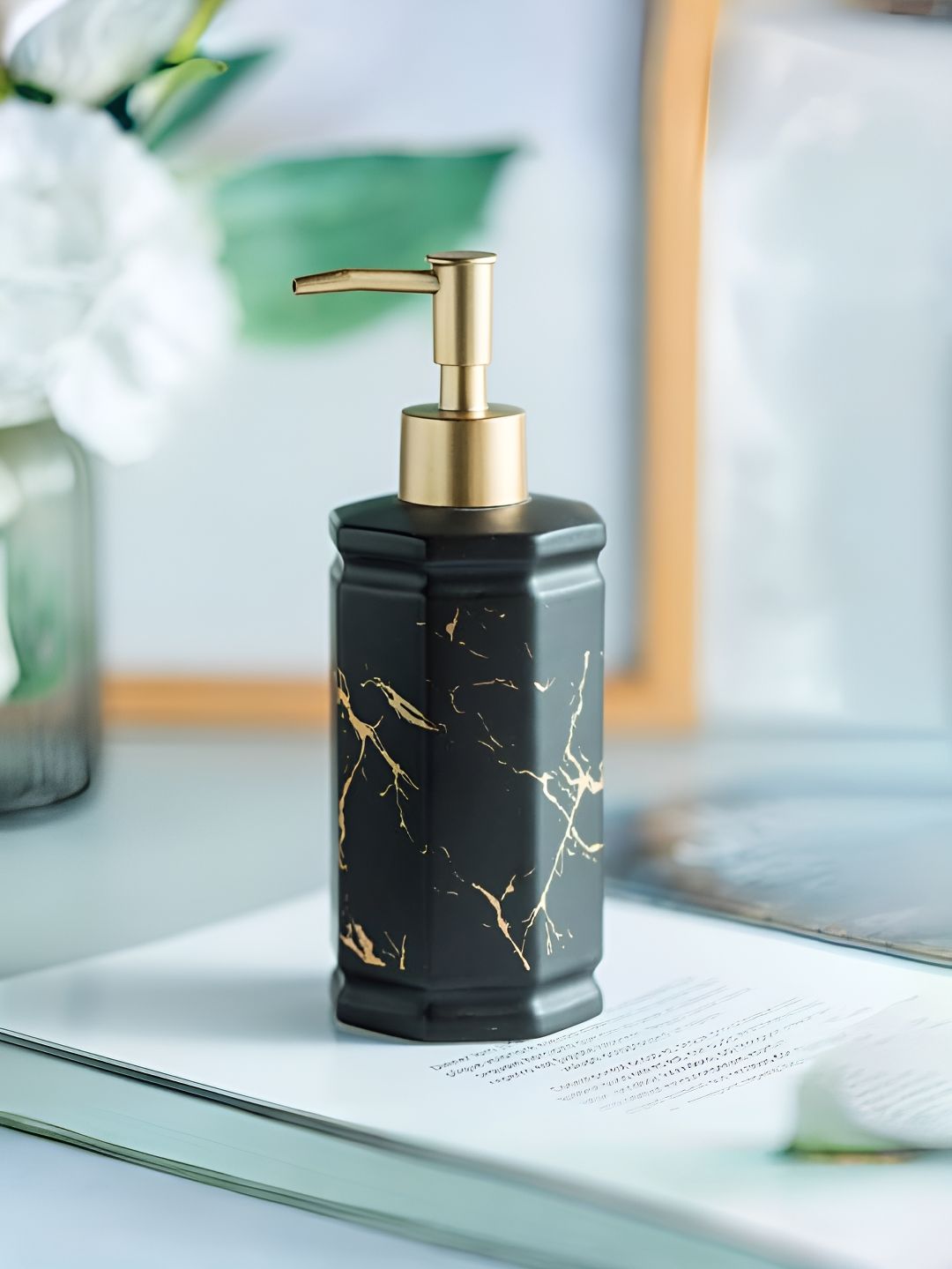 USHA SHRIRAM Black Printed Ceramic Soap Dispenser 350ml