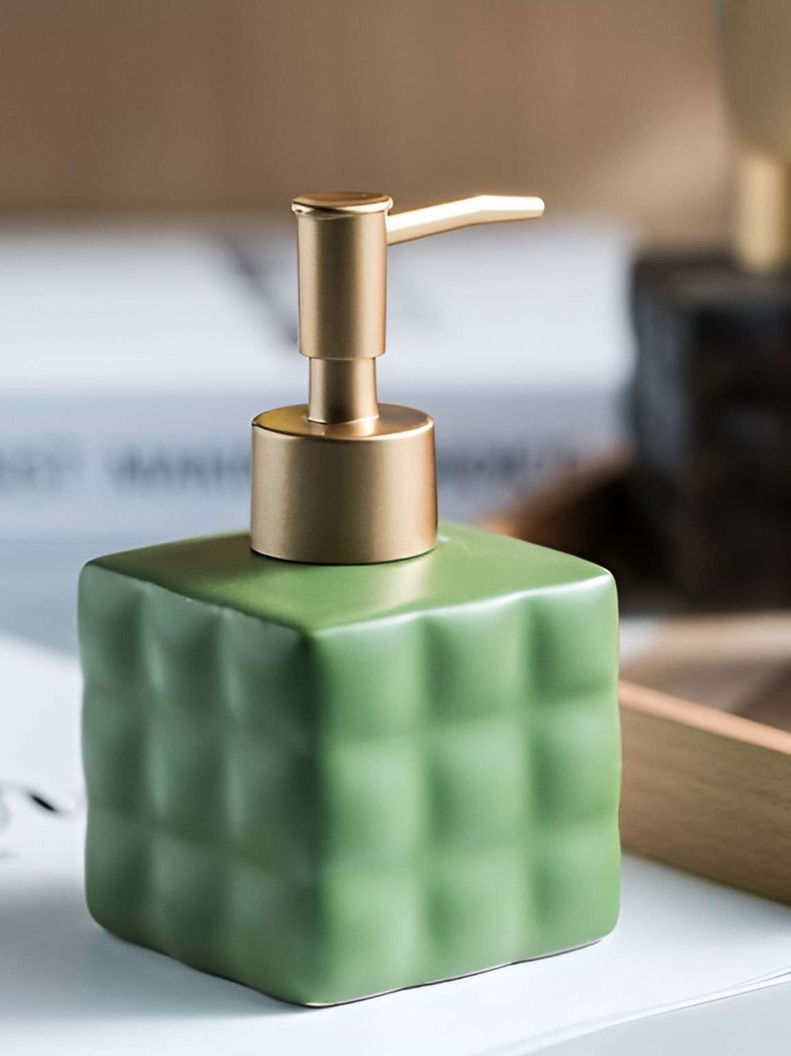 USHA SHRIRAM Green & Gold-Toned Textured Ceramic Soap Dispenser 200ml