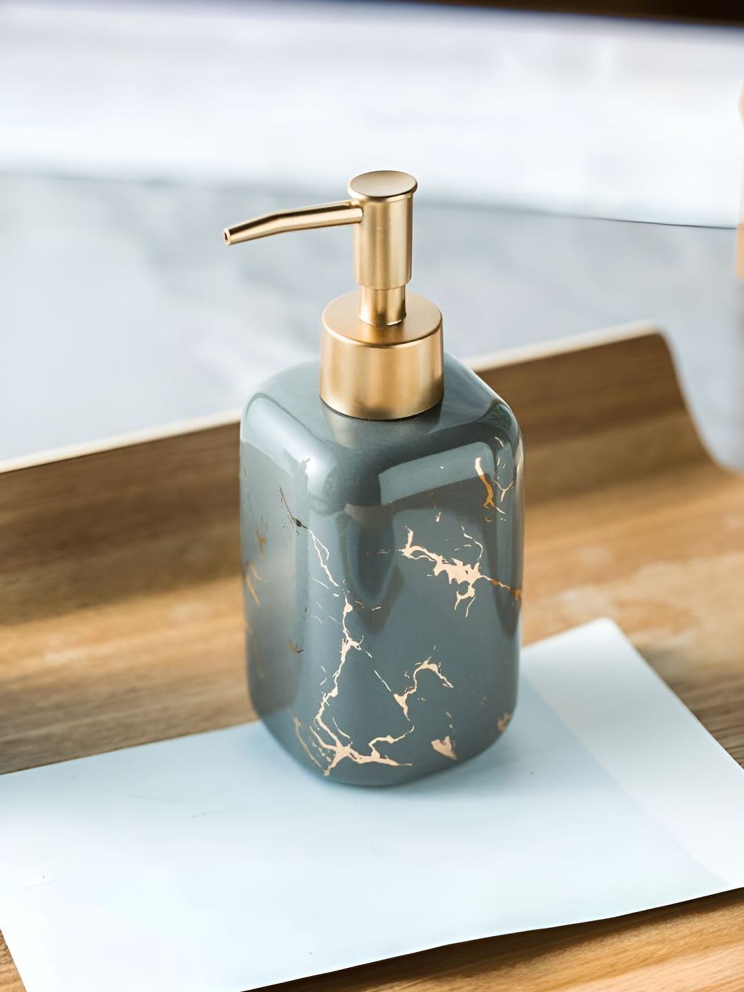 USHA SHRIRAM Green & Gold-Toned Textured Ceramic Glossy Soap Dispenser 300ml