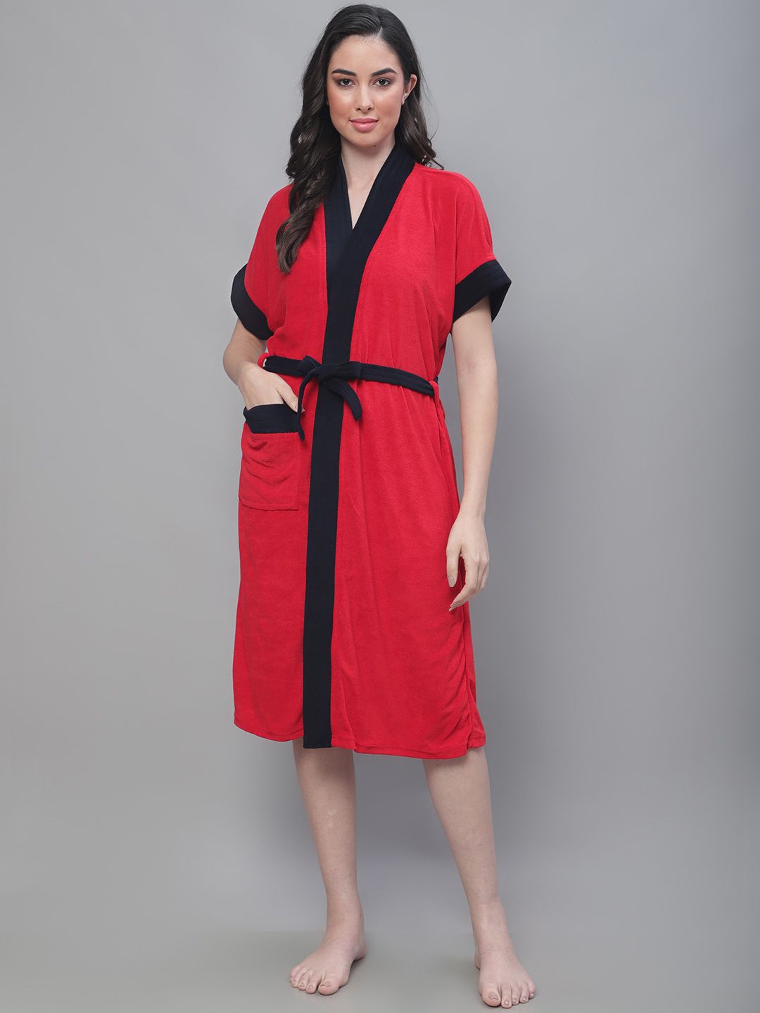 ELEVANTO Women Red Black Shawl Collar With Front Open Bath Robe