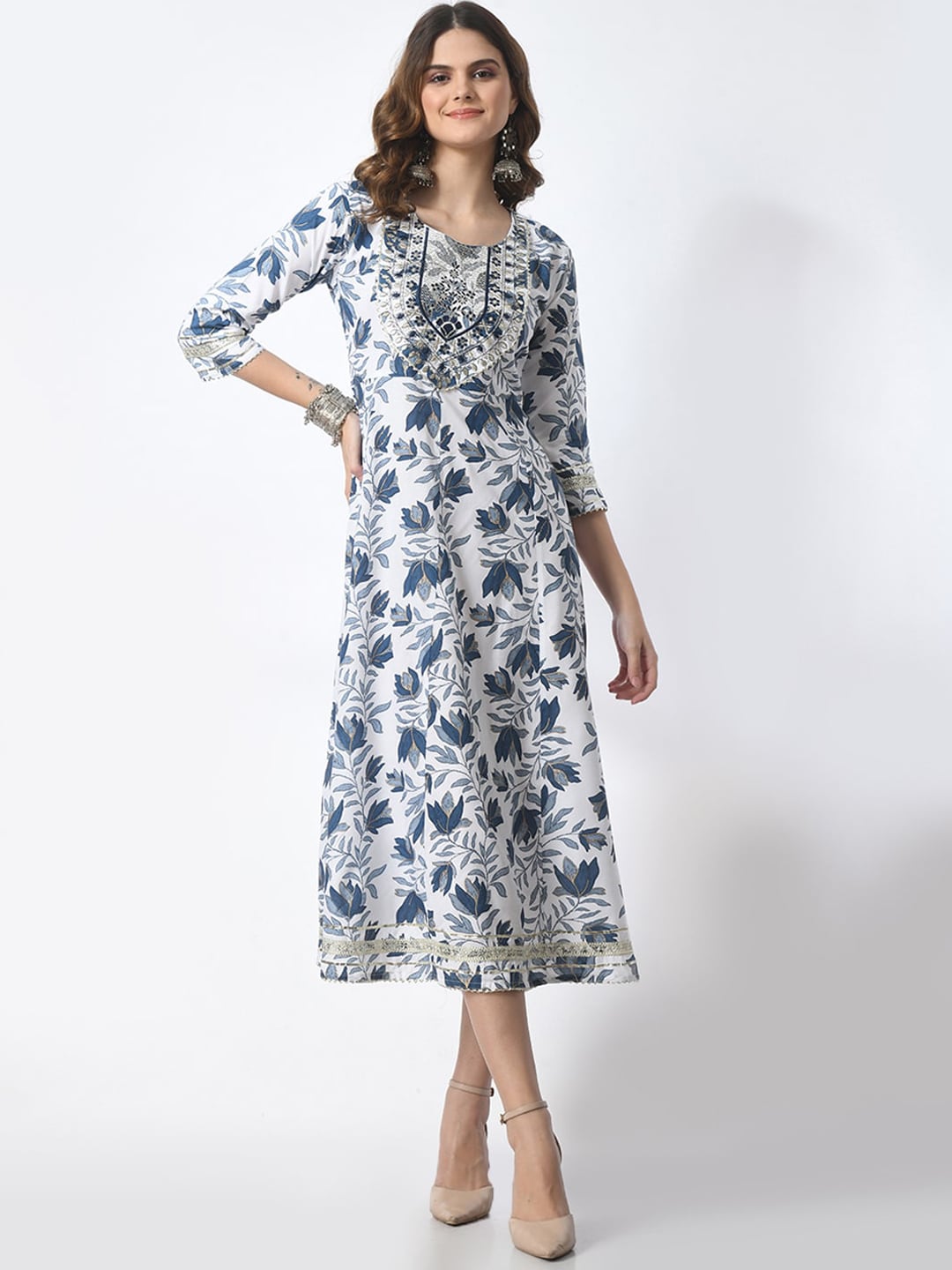 JAHIDA COMFORT WITH STYLE Floral Printed Embroidered Round Neck A-Line Midi Dress Price in India