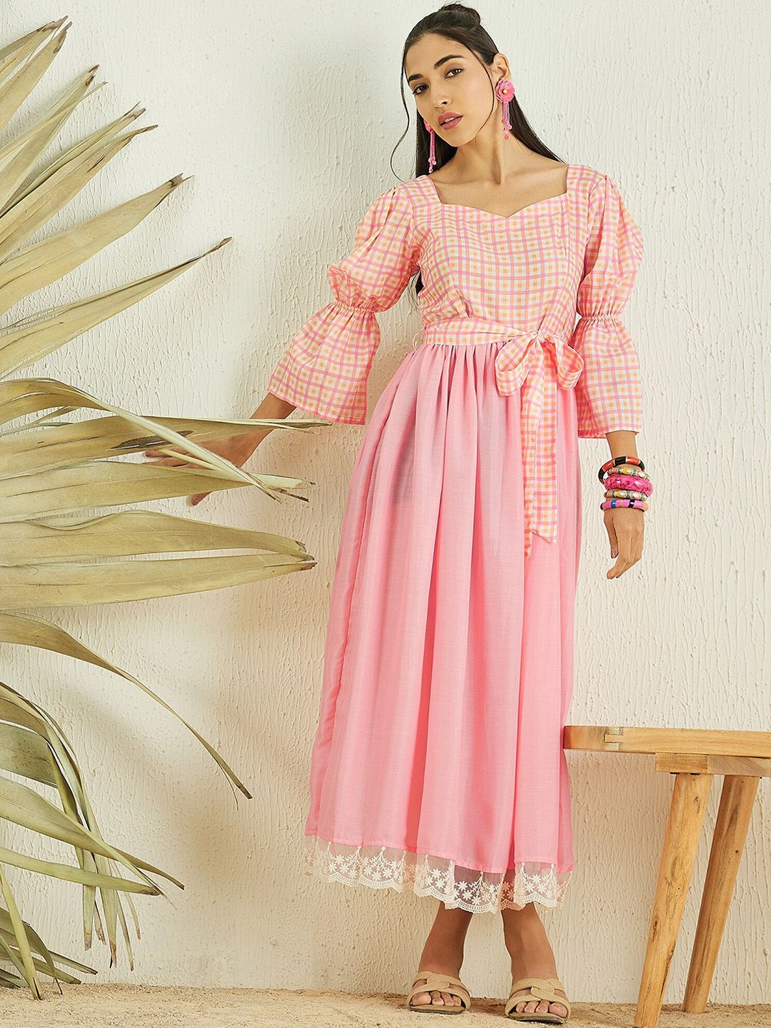 MASSTANI BY INDDUS Checked Sweetheart Neck Fit and Flare Dress with Belt Price in India
