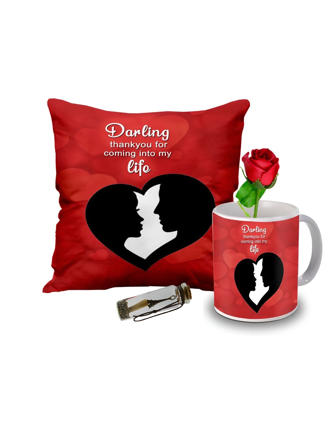 ME & YOU Red & Black  4 Pcs Printed Cushion Mug Rose Message Pills Valentine Gifts Set