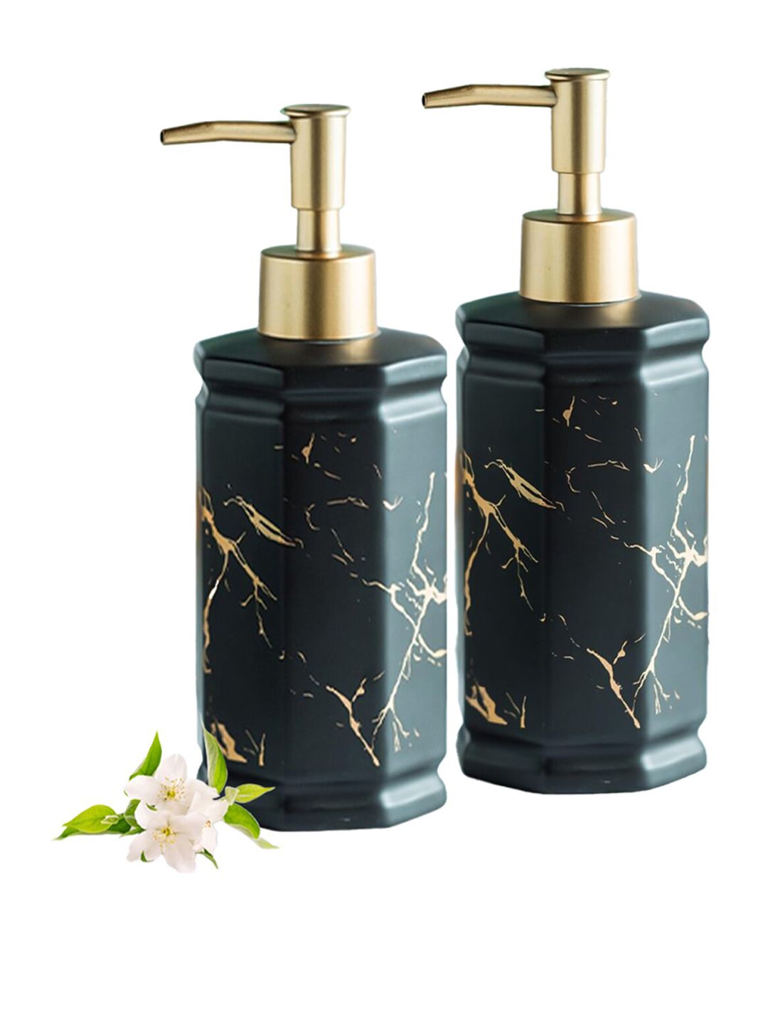 Ekhasa Black & Gold Toned 2 Pieces Abstract Printed Ceramic Soap Dispensers 300 ml Each