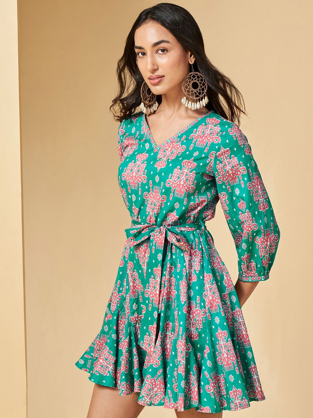 Global Desi Global Desi Ethnic Motifs Printed Cuffed Sleeves Gathered Cotton A-Line Dress