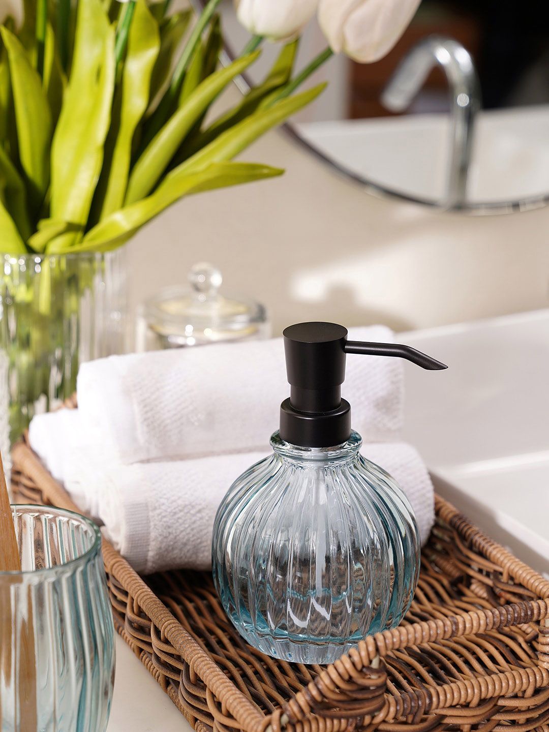 Pure Home and Living Blue Glass Textured Soap Dispenser