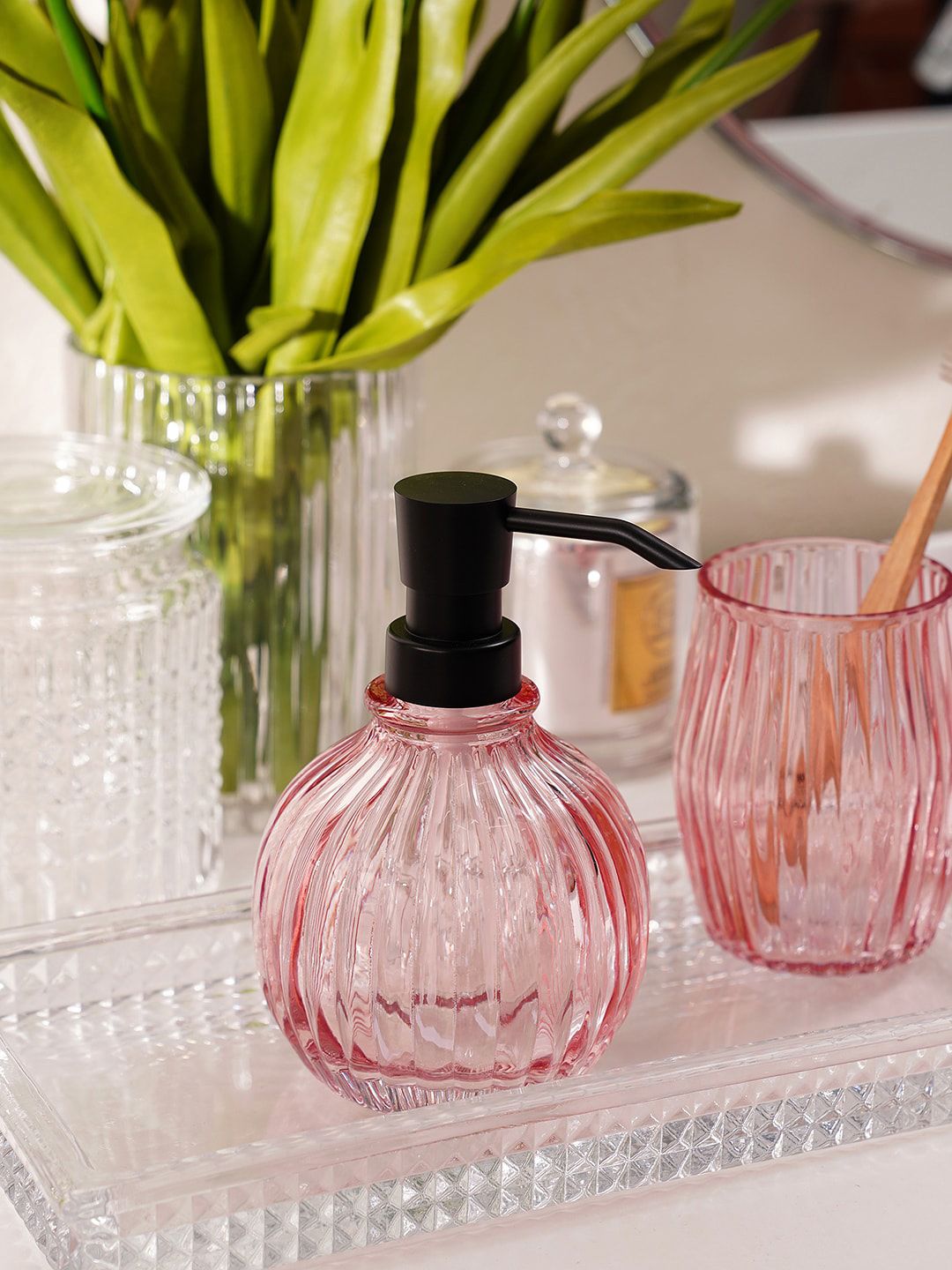 Pure Home and Living Pink Glass Textured Soap Dispenser