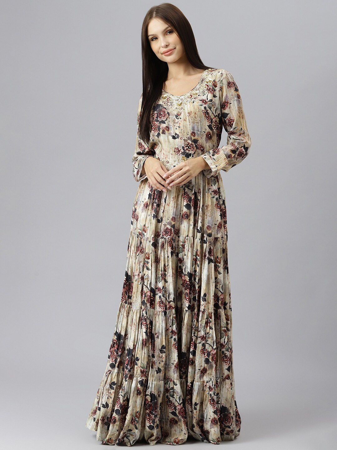 Chandbaali Floral Print Bell Sleeve Satin Maxi Dress Price in India