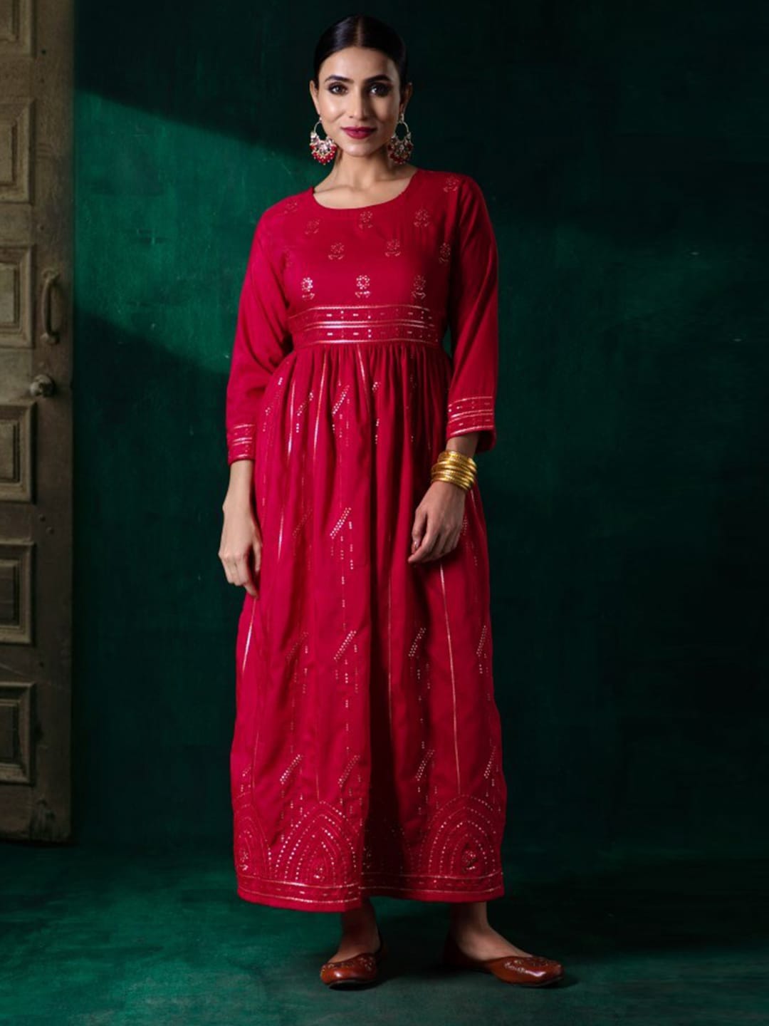Juniper Round Neck Long Sleeves Ethnic Motifs Maxi Dress Price in India
