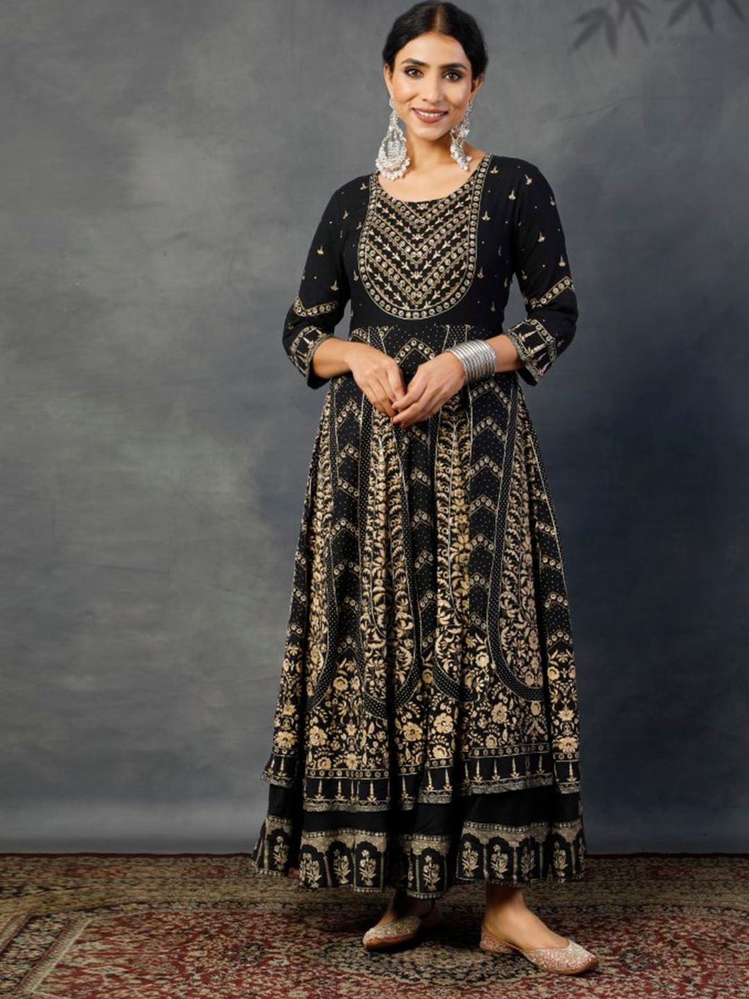 Juniper  Round neck Three Quarter Ethnic Motifs Print Maxi Dress Price in India