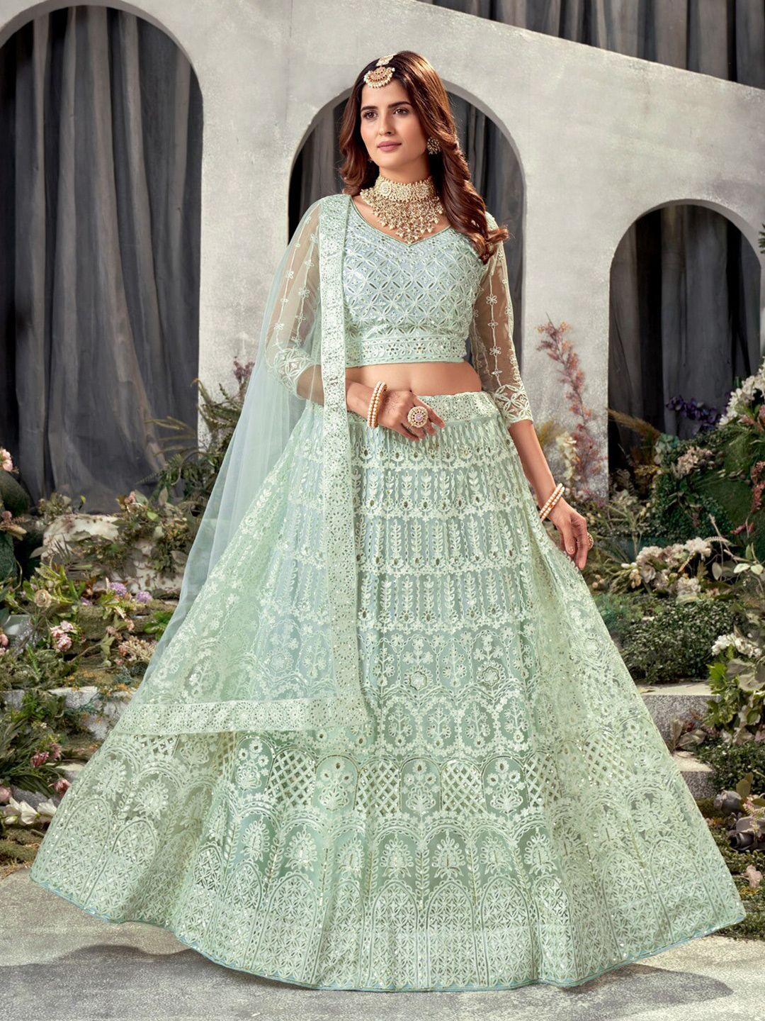 Kvsfab V-Neck Embroidered Sequinned Semi-Stitched Lehenga & Unstitched Blouse With Dupatta Price in India