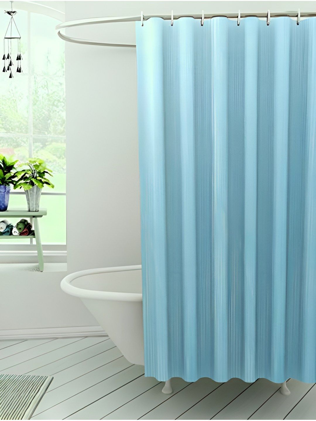 CASA-NEST Blue 9 Pieces Self Design Waterproof Shower Curtain With Hooks