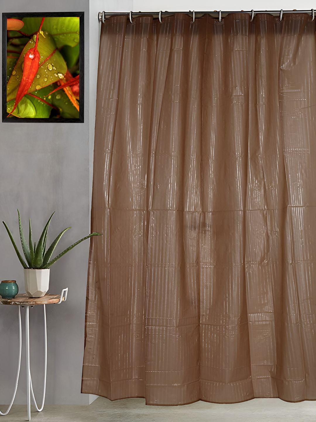 CASA-NEST Brown 9 Pieces Self Lining Design Shower Curtain & Hooks