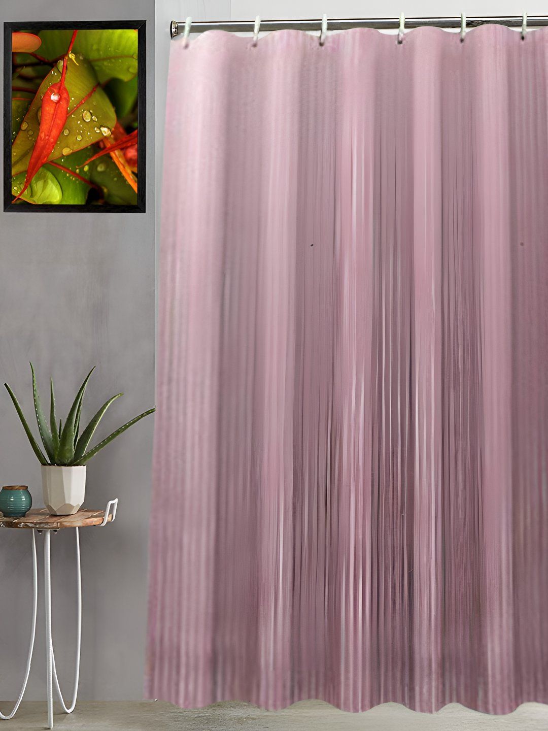 CASA-NEST Pink 9 Pieces Self Design Waterproof Shower Curtain With 8 Hooks