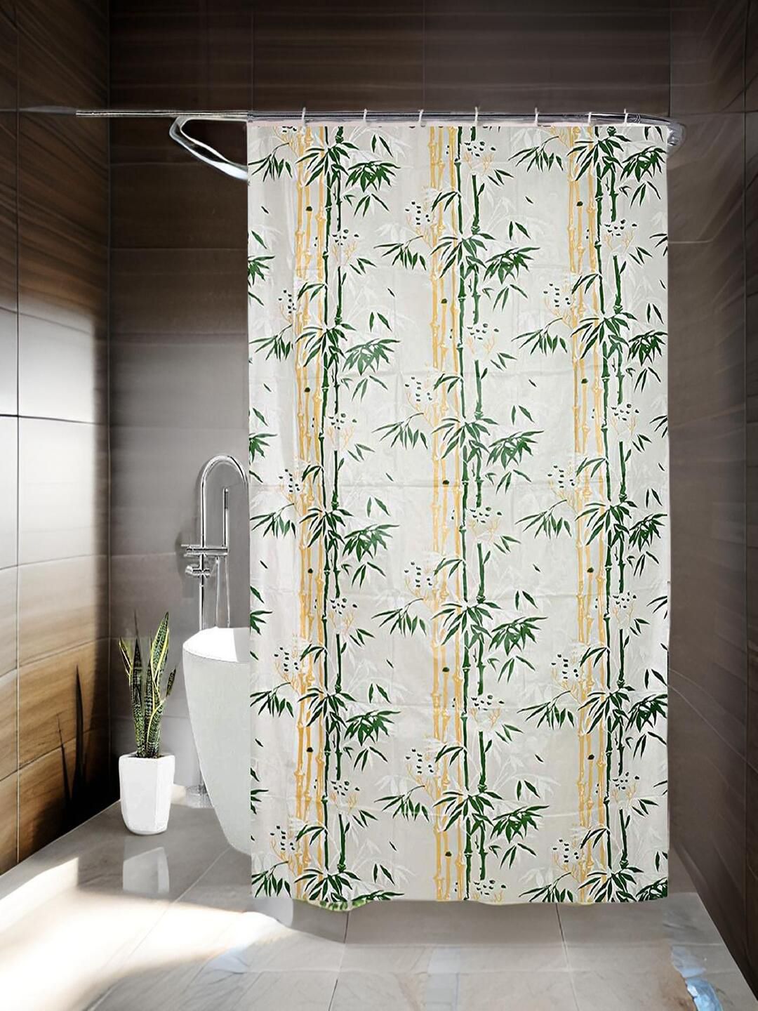 CASA-NEST White & Green 9 Pcs  Floral Bamboo Printed Waterproof Shower Curtain With Hooks