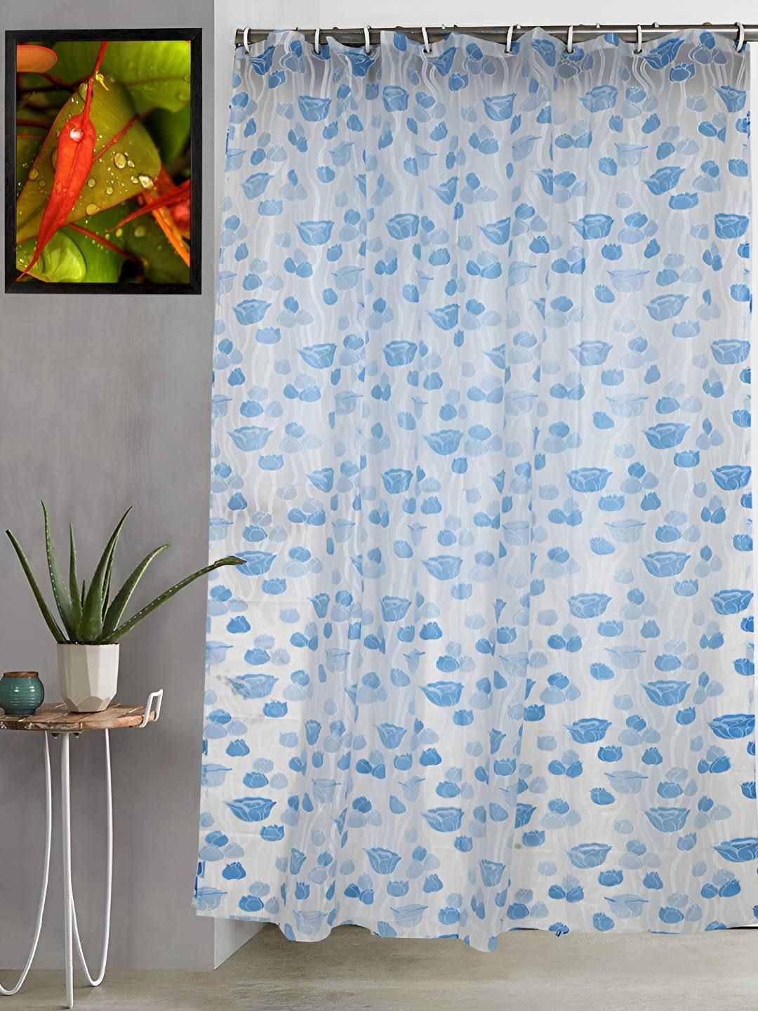 CASA-NEST Blue & White 9 Pieces Floral Printed Shower Curtain & Hooks