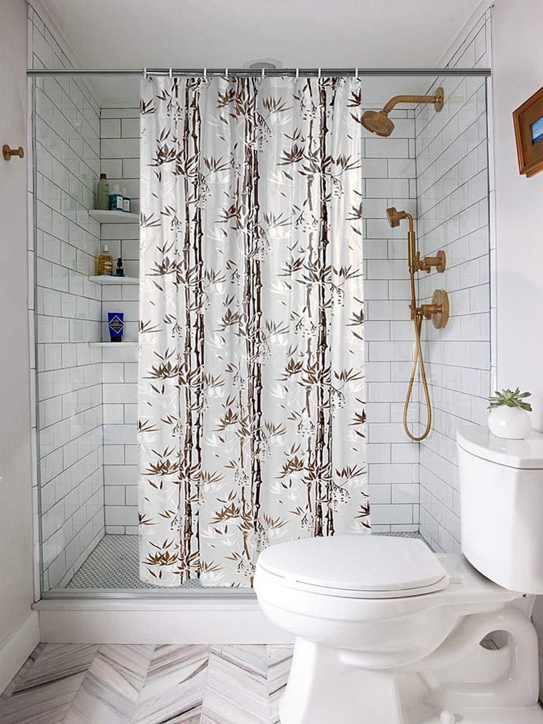 CASA-NEST Brown & White 9 Pieces Floral Printed Shower Curtain & Hooks