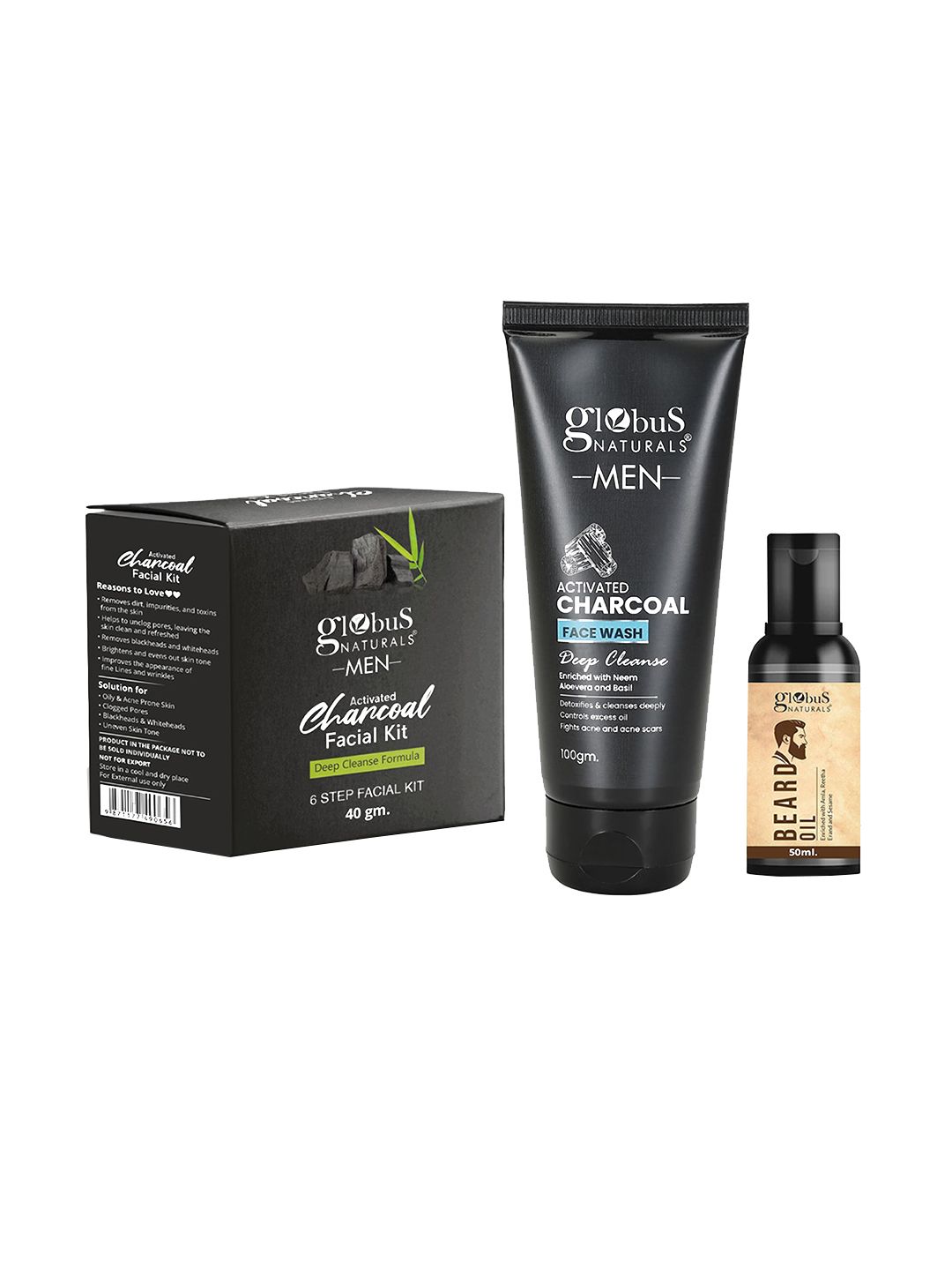 Globus naturals 3-Pcs Charcoal Facial Kit 40g-Charcoal Face Wash 100g & Beard Oil 50ml