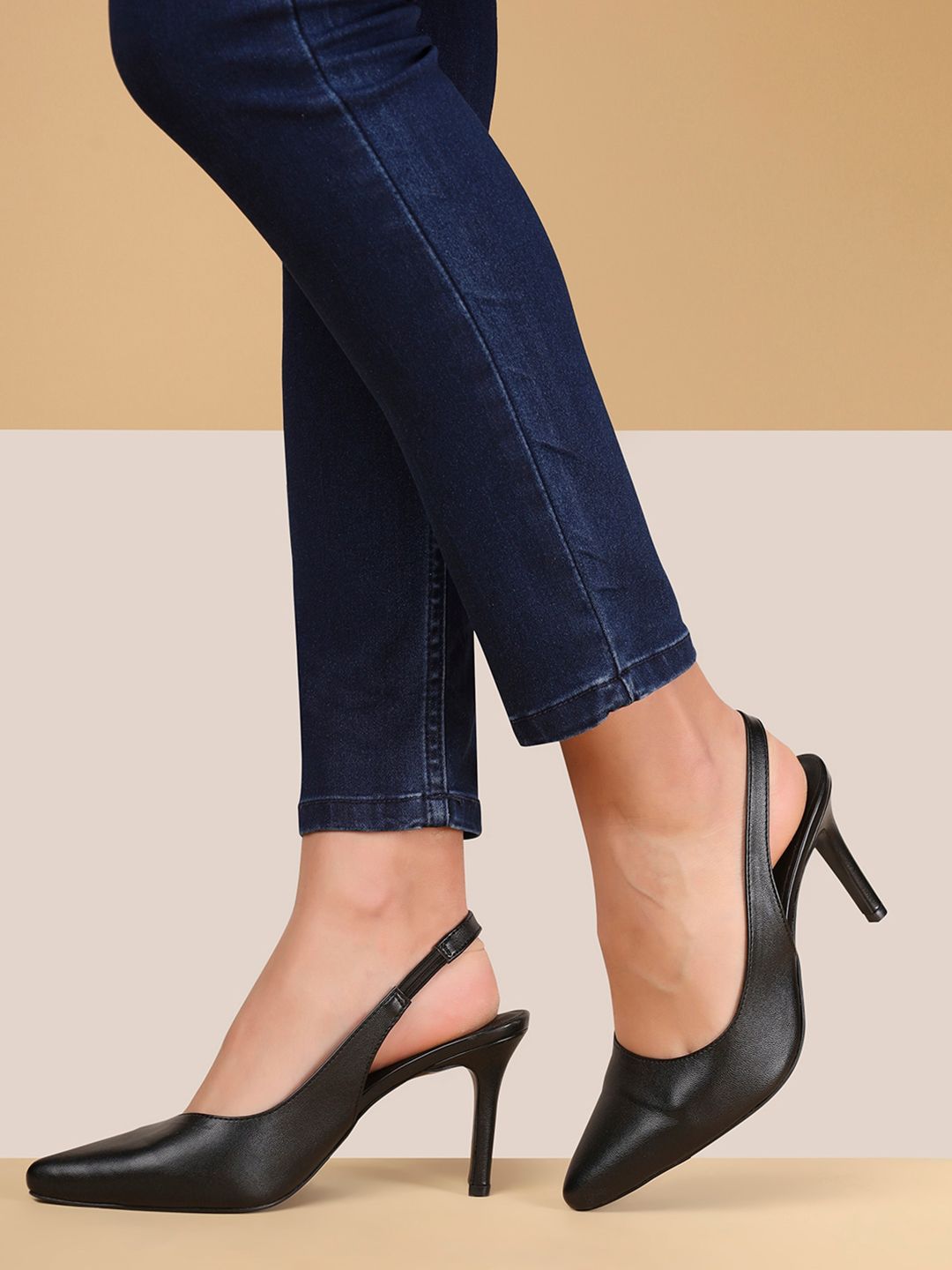 T.ELEVEN Pointed Toe Textured Slim Heeled Pumps