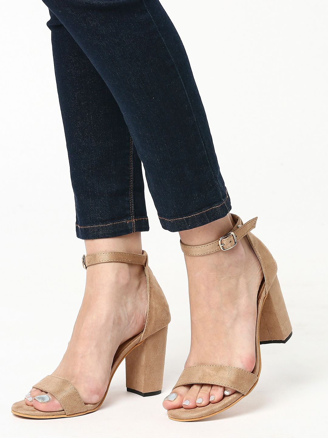 T.ELEVEN Textured Open Toe Suede Block Heels