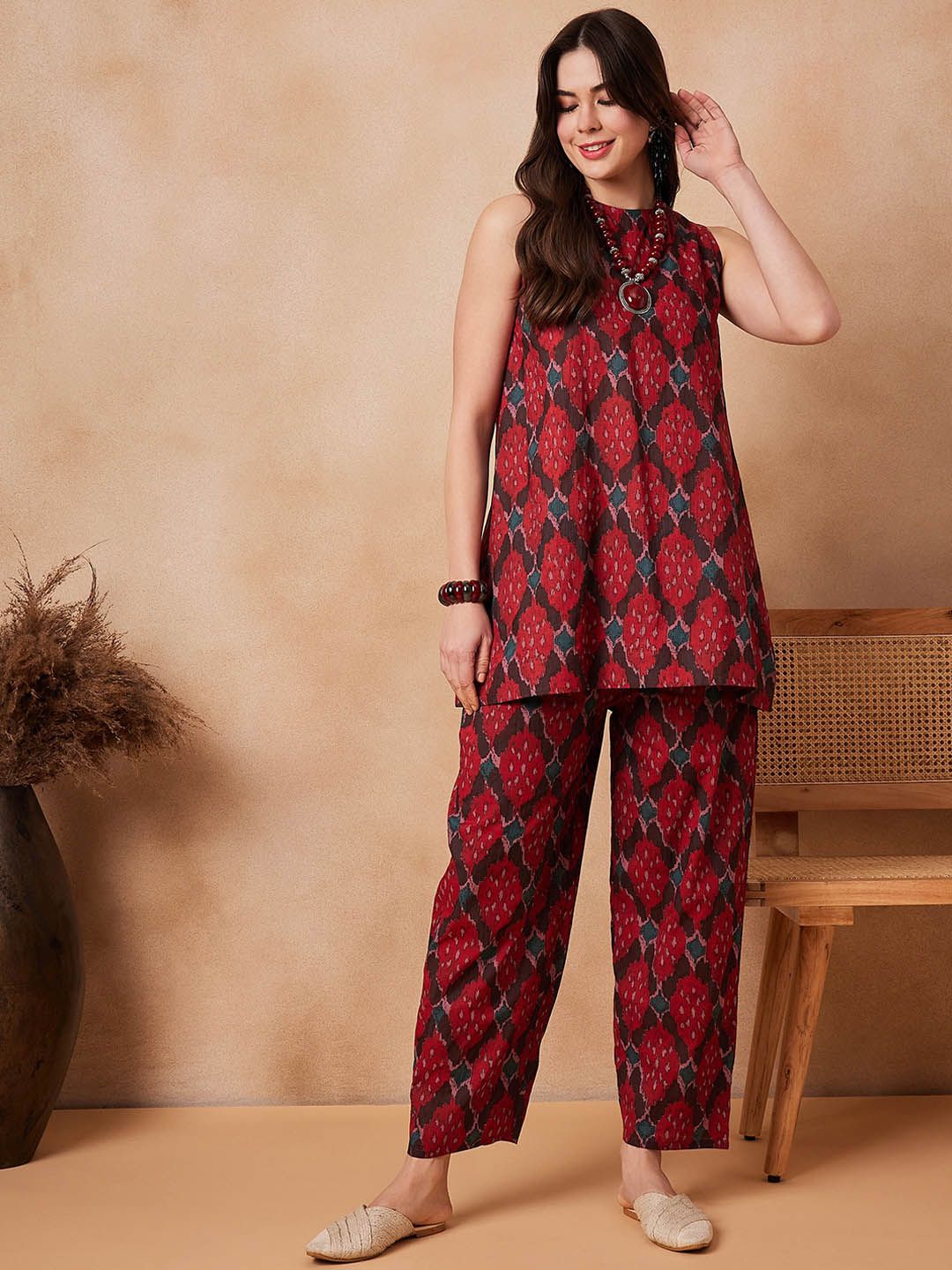 InWeave Red Printed Pure Cotton Tunic With Trouser