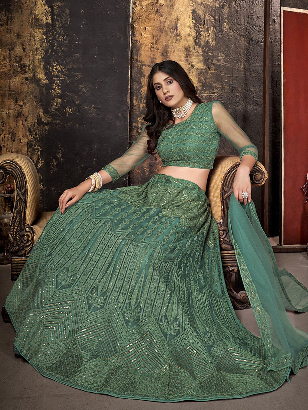 Satrani Embroidered Sequinned Semi-Stitched Lehenga & Unstitched Blouse With Dupatta Price in India