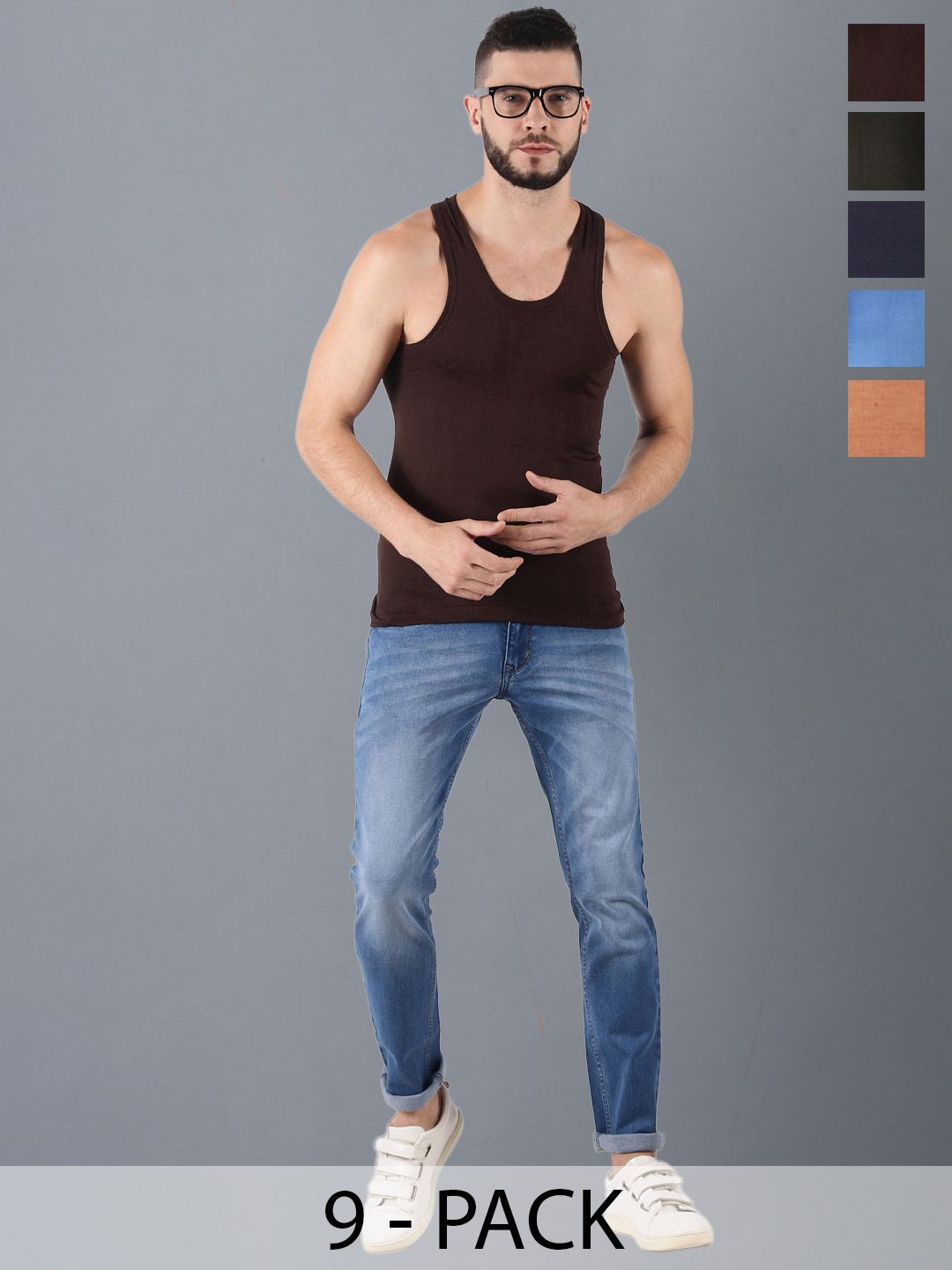 Dollar Lehar Men Combed Cotton Round Neck Vest -Pack of 9- Assorted