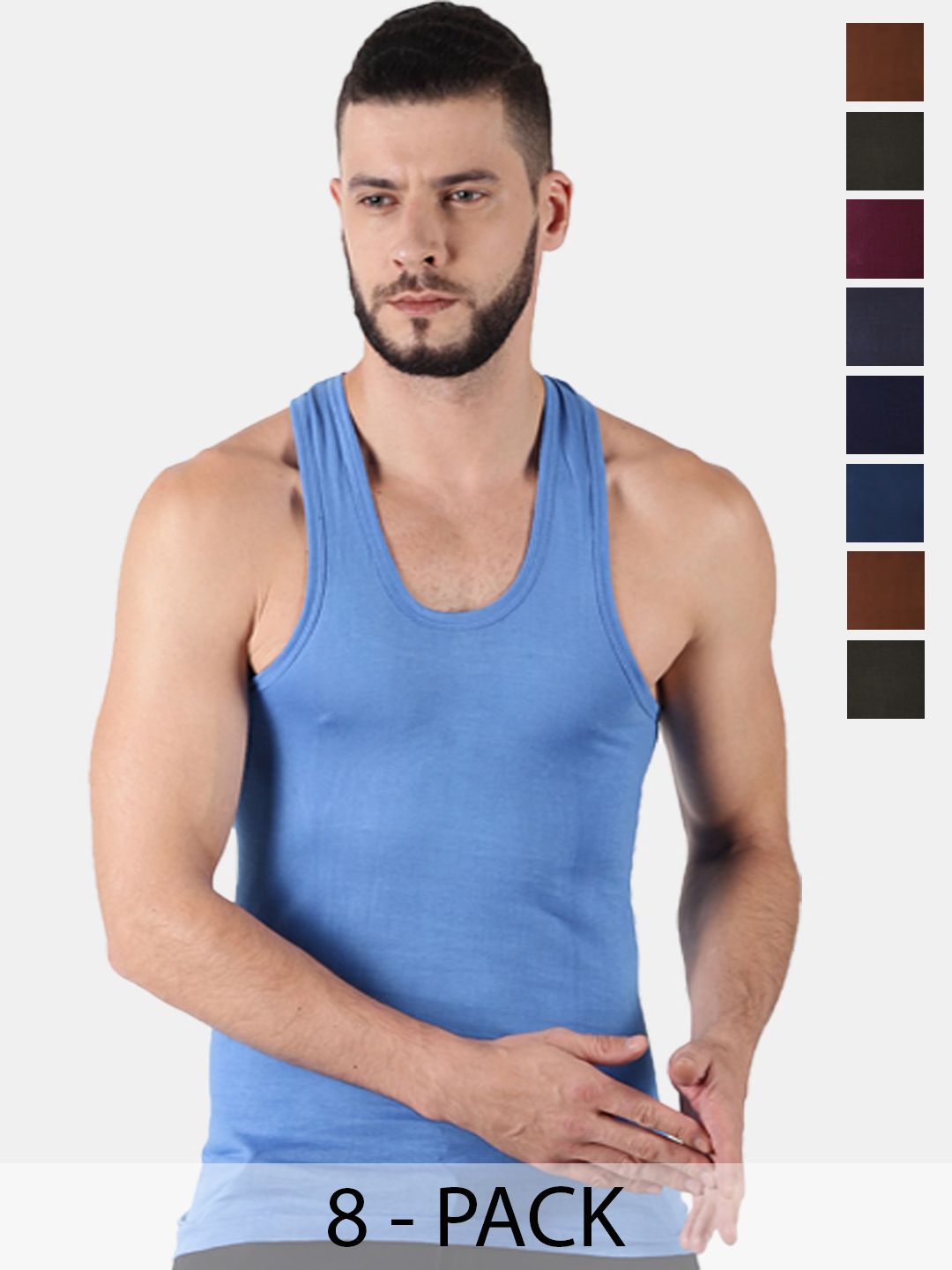 Dollar Lehar Men Combed Cotton Round Neck Vest -Pack of 8- Assorted