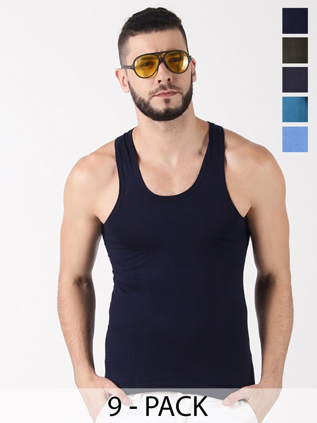 Dollar Lehar Men Combed Cotton Round Neck Vest -Pack of 9- Assorted