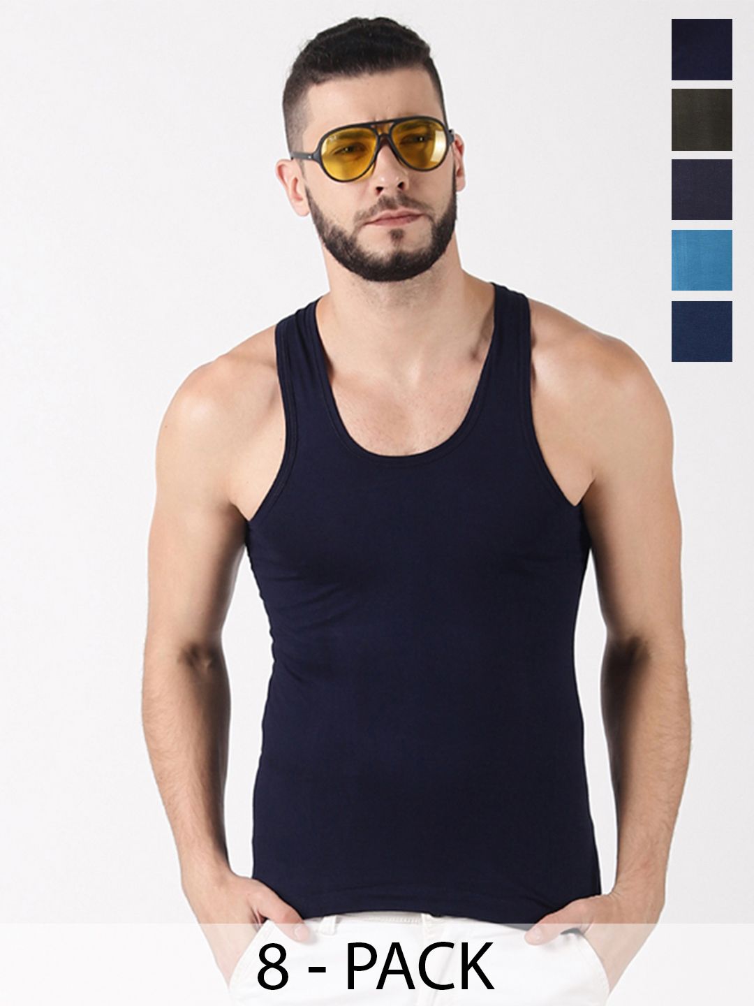 Dollar Lehar Men Combed Cotton Round Neck Vest -Pack of 8- Assorted