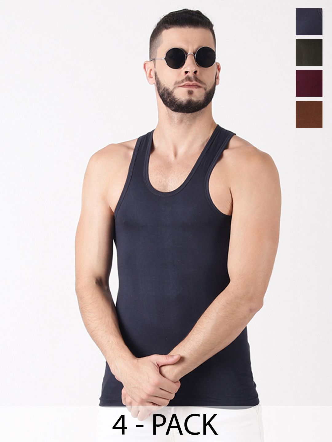 Dollar Lehar Men Combed Cotton Round Neck Vest -Pack of 4- Assorted