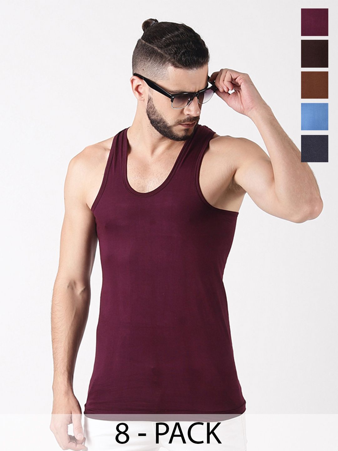 Dollar Lehar Men Combed Cotton Round Neck Vest -Pack of 8- Assorted