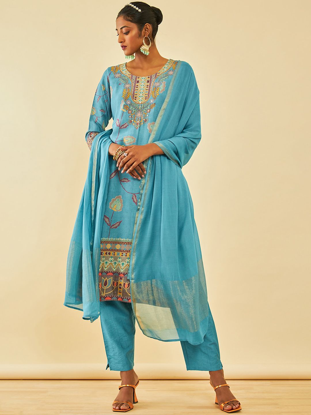Soch Floral Printed Regular Beads and Stones Kurta with Trousers & With Dupatta Price in India