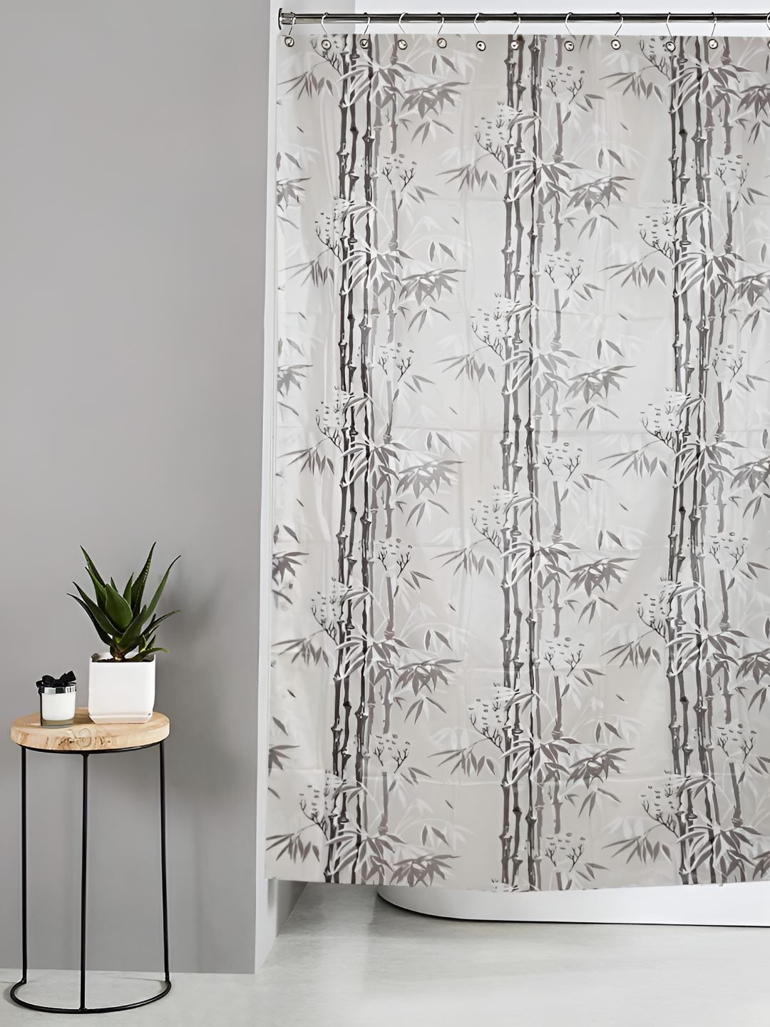 CASA-NEST Grey & White 9 Pieces Floral Bamboo Printed Shower Curtains With Hooks