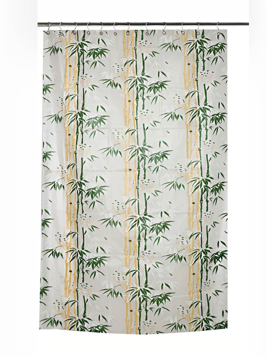 CASA-NEST Green & White 9 Pieces Floral Bamboo Printed Shower Curtain With Hooks