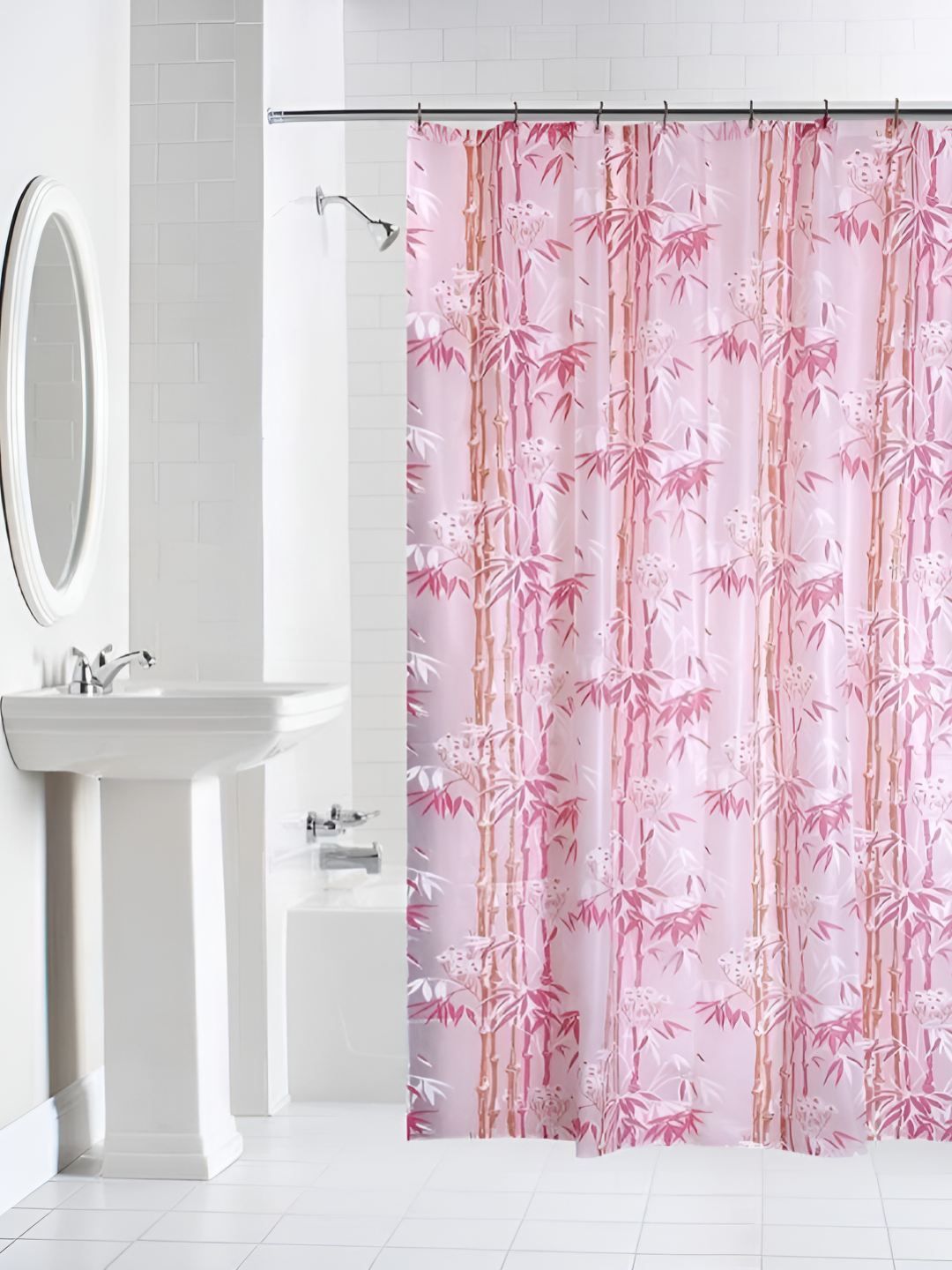 CASA-NEST Pink & White 9 Pieces Floral Bamboo Printed Shower Curtain With Hooks