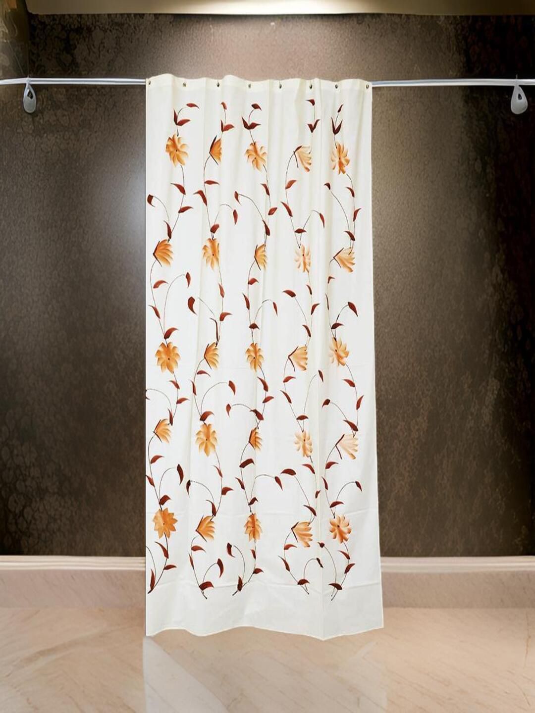 CASA-NEST White & Orange-colored Floral Printed Waterproof Shower Curtain