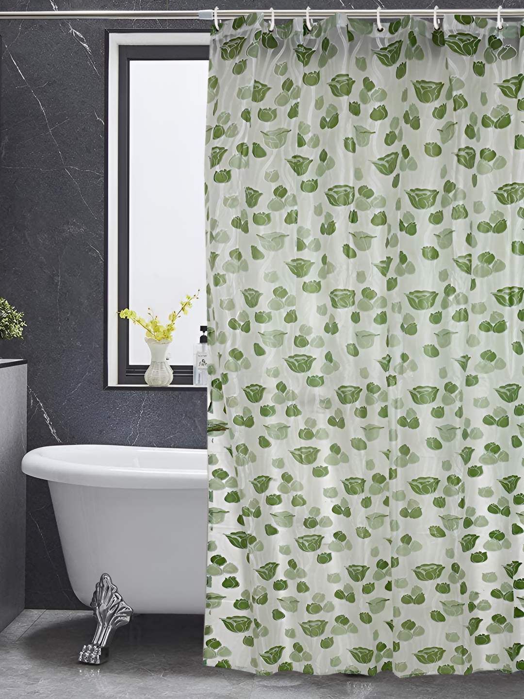 CASA-NEST Greeb & White 9 Pieces Floral Printed Shower Curtains With Hooks