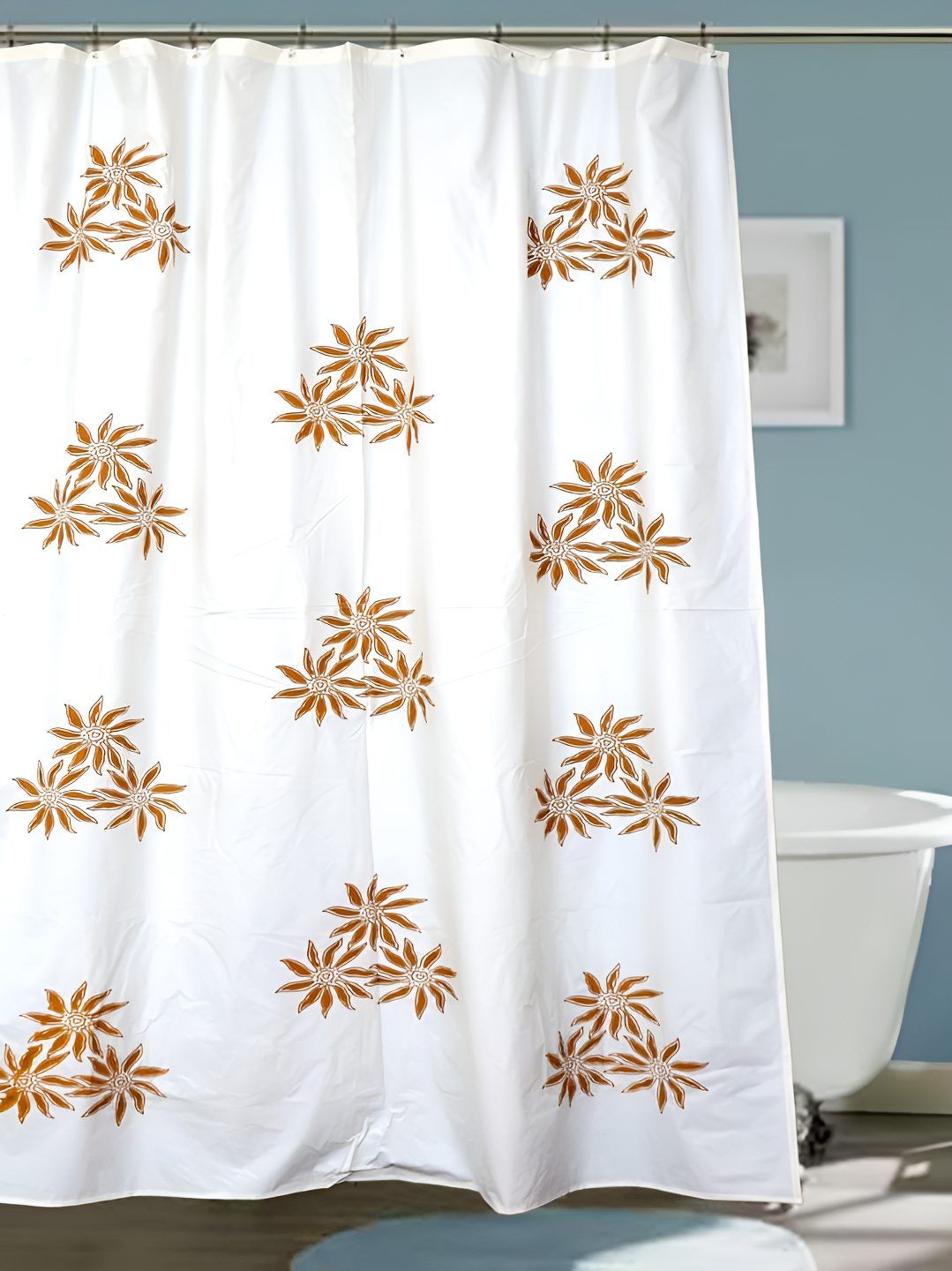 CASA-NEST White & Brown Floral Printed Waterproof Shower Curtain