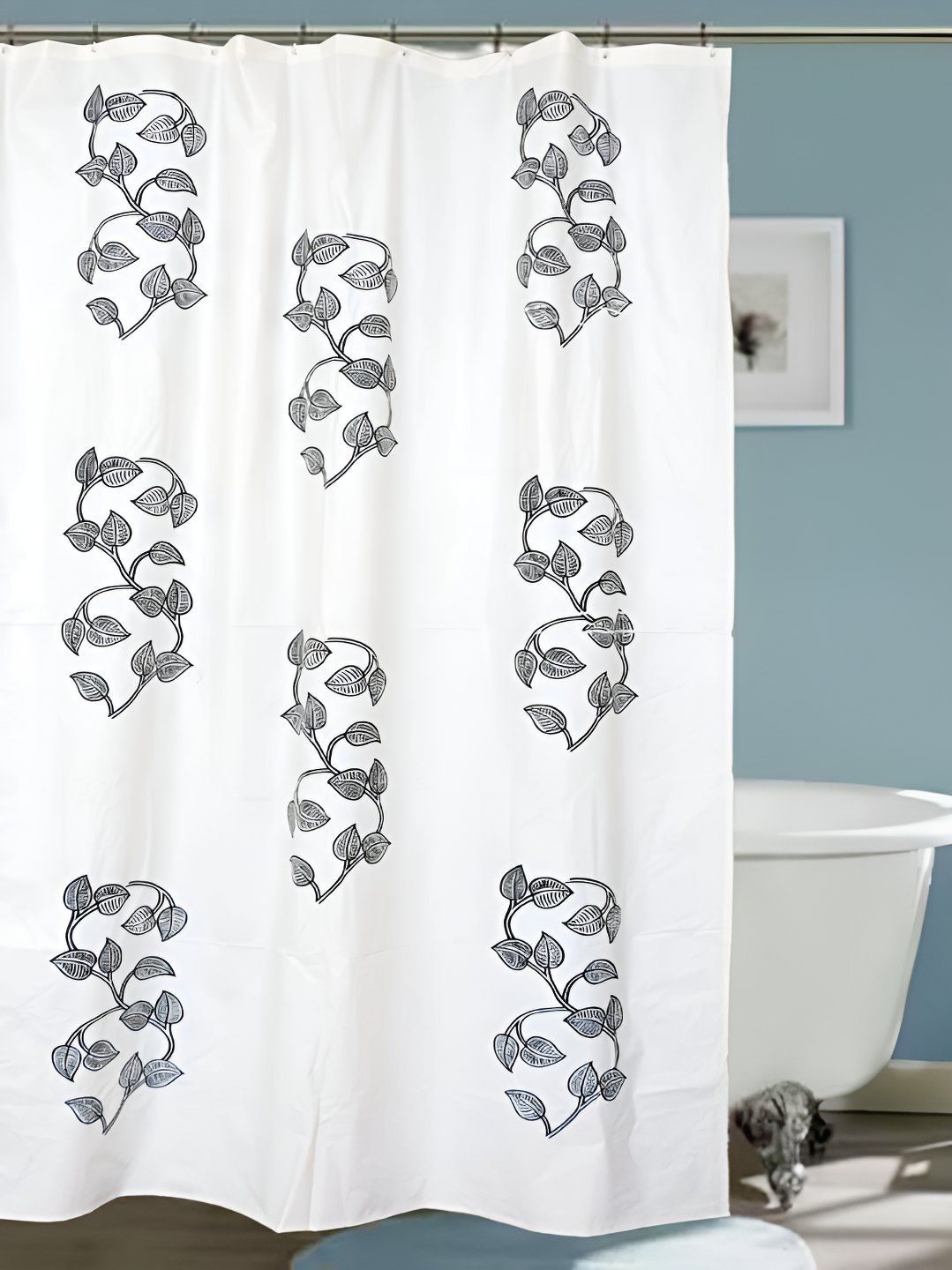CASA-NEST White & Black Floral Printed Waterproof Shower Curtain