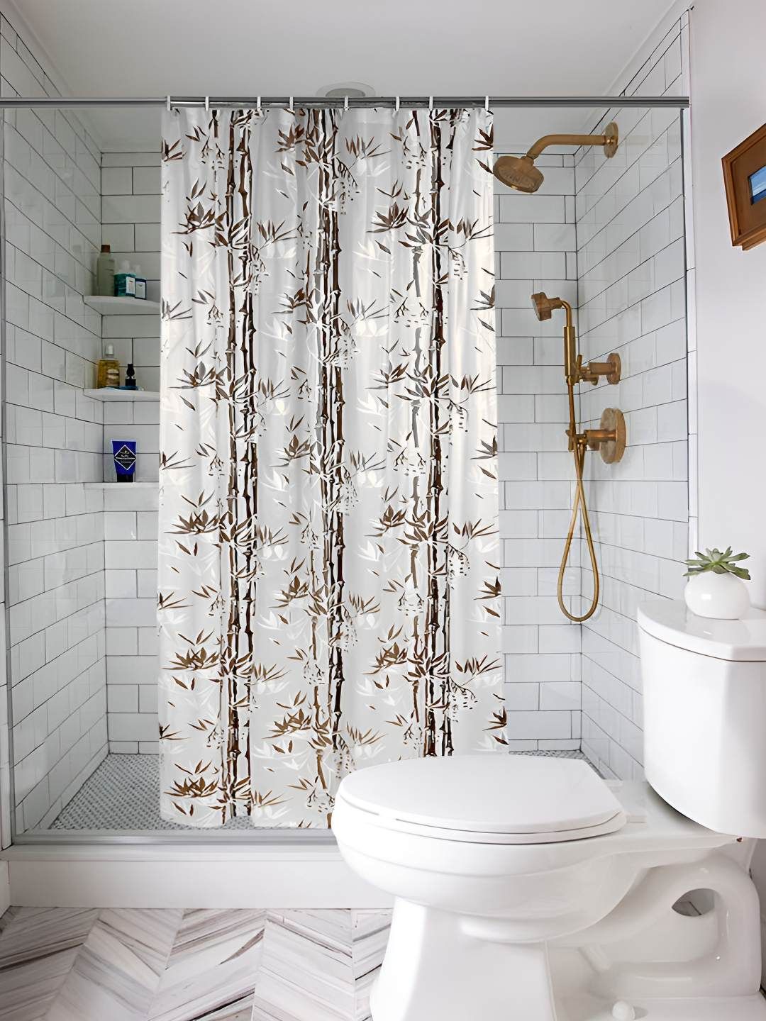CASA-NEST Brown & White 9 Pieces Floral Printed Shower Curtain With Hooks