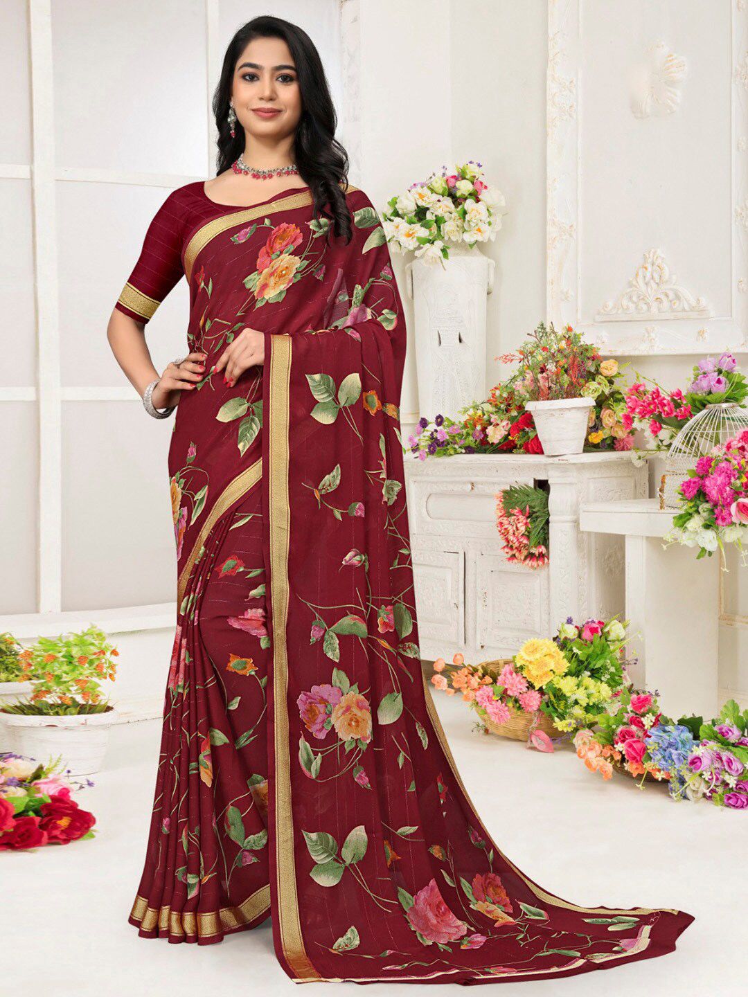 Saree mall Floral Pure Chiffon Bagh Sarees Price in India